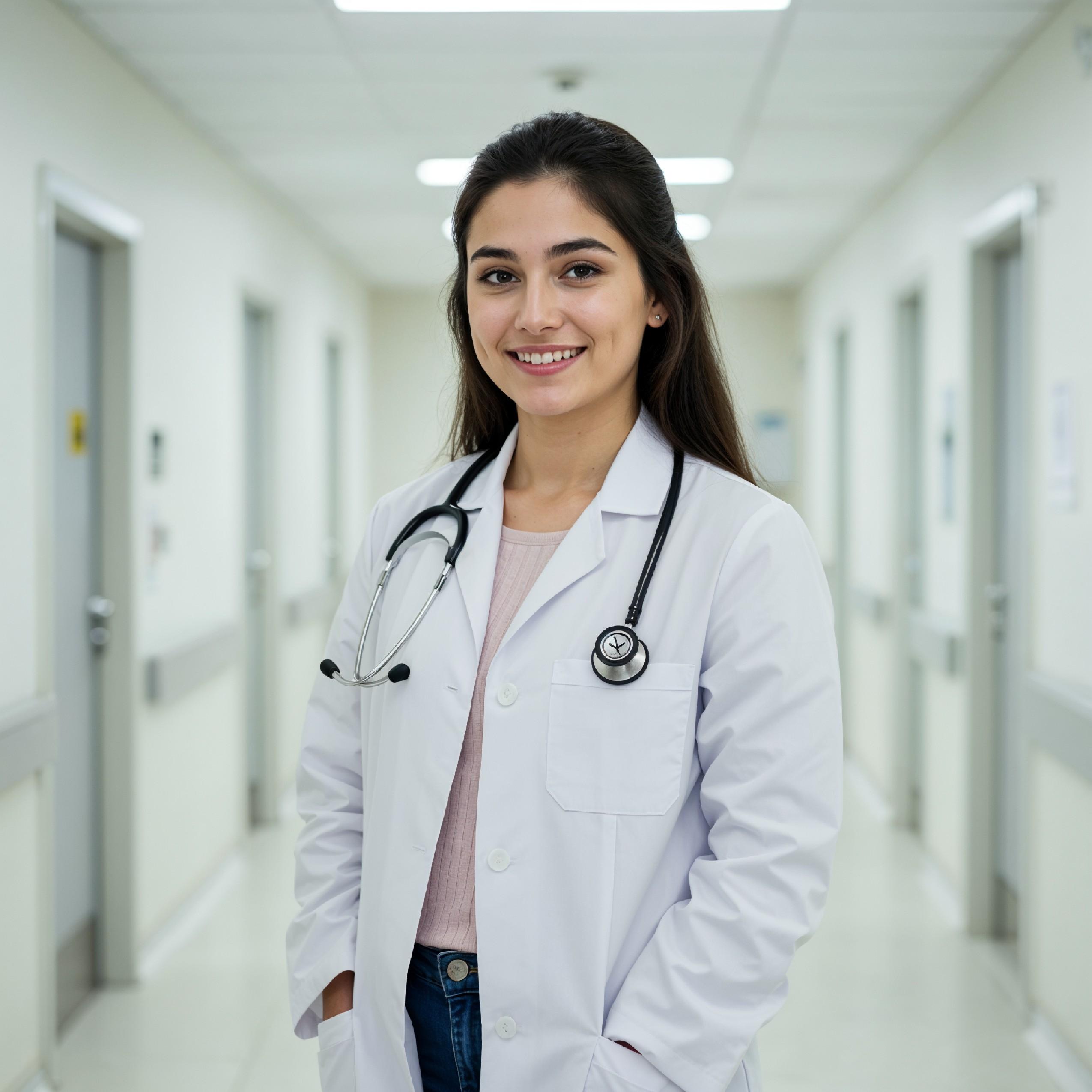 Young Female Doctor in Modern Hospital Wearing Medical Scrubs and Lab Coat Portrait