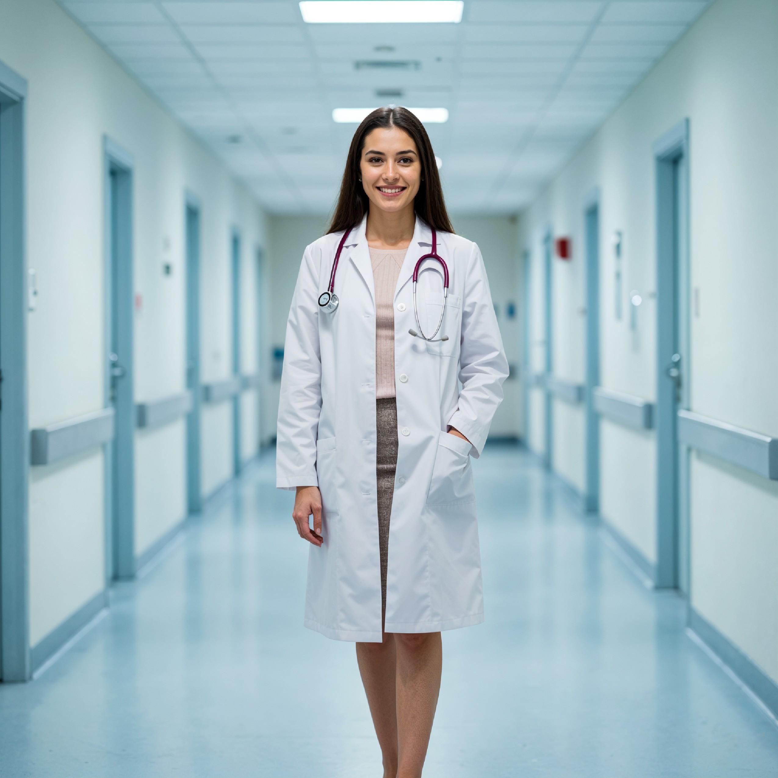 Young Female Doctor in Modern Hospital Wearing Medical Scrubs and Lab Coat Portrait