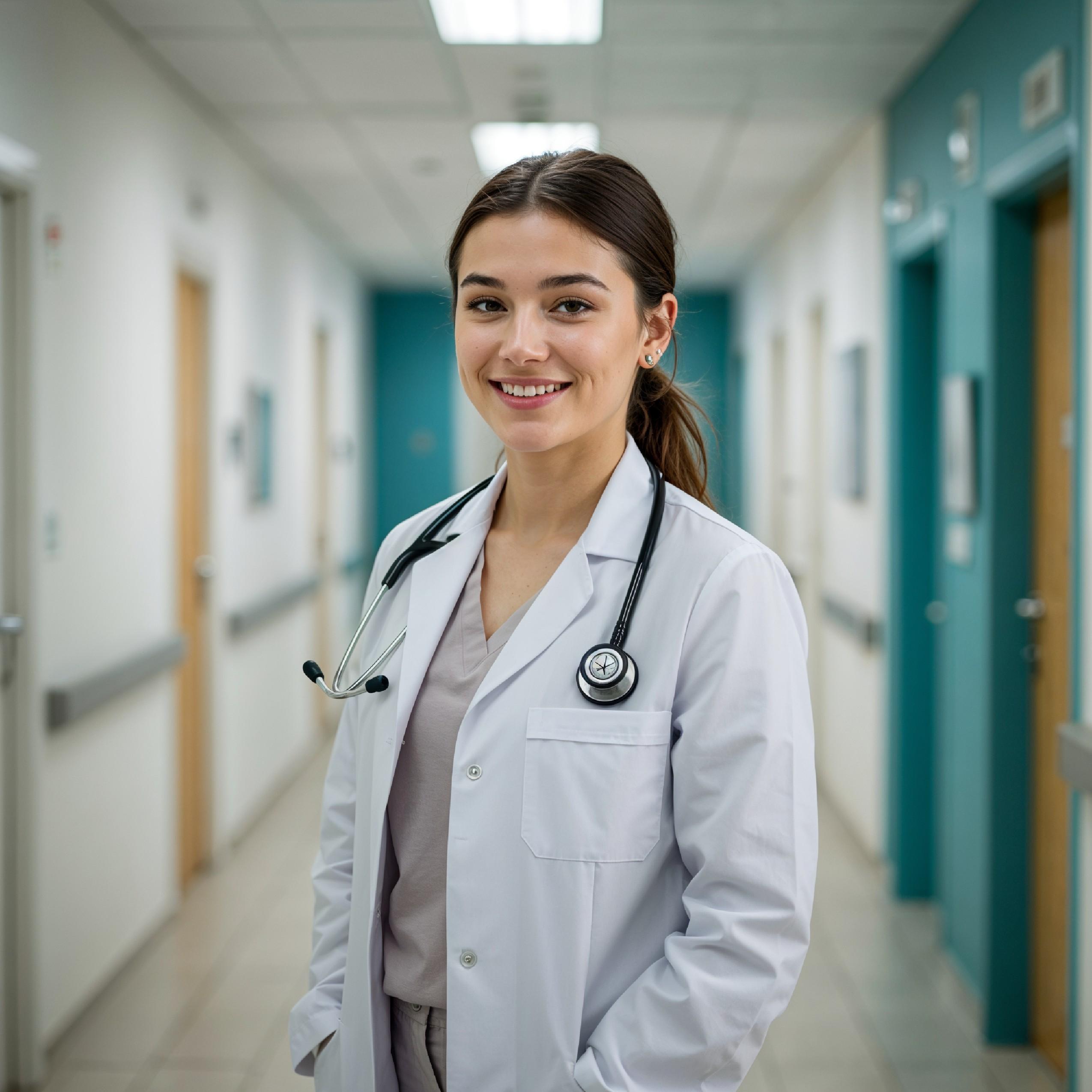 Young Female Doctor in Modern Hospital Wearing Medical Scrubs and Lab Coat Portrait