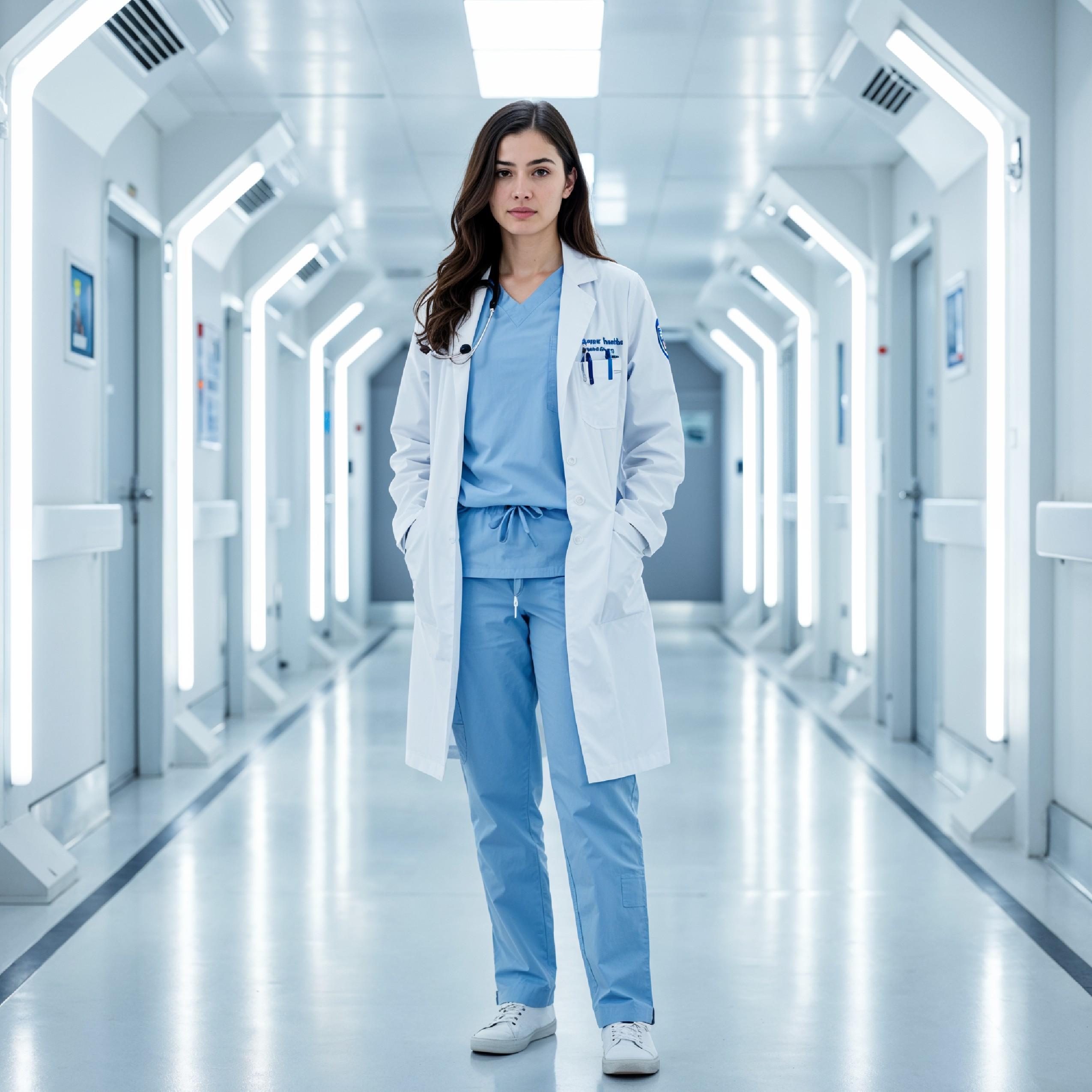 Young Female Doctor in Modern Hospital Wearing Medical Scrubs and Lab Coat Portrait