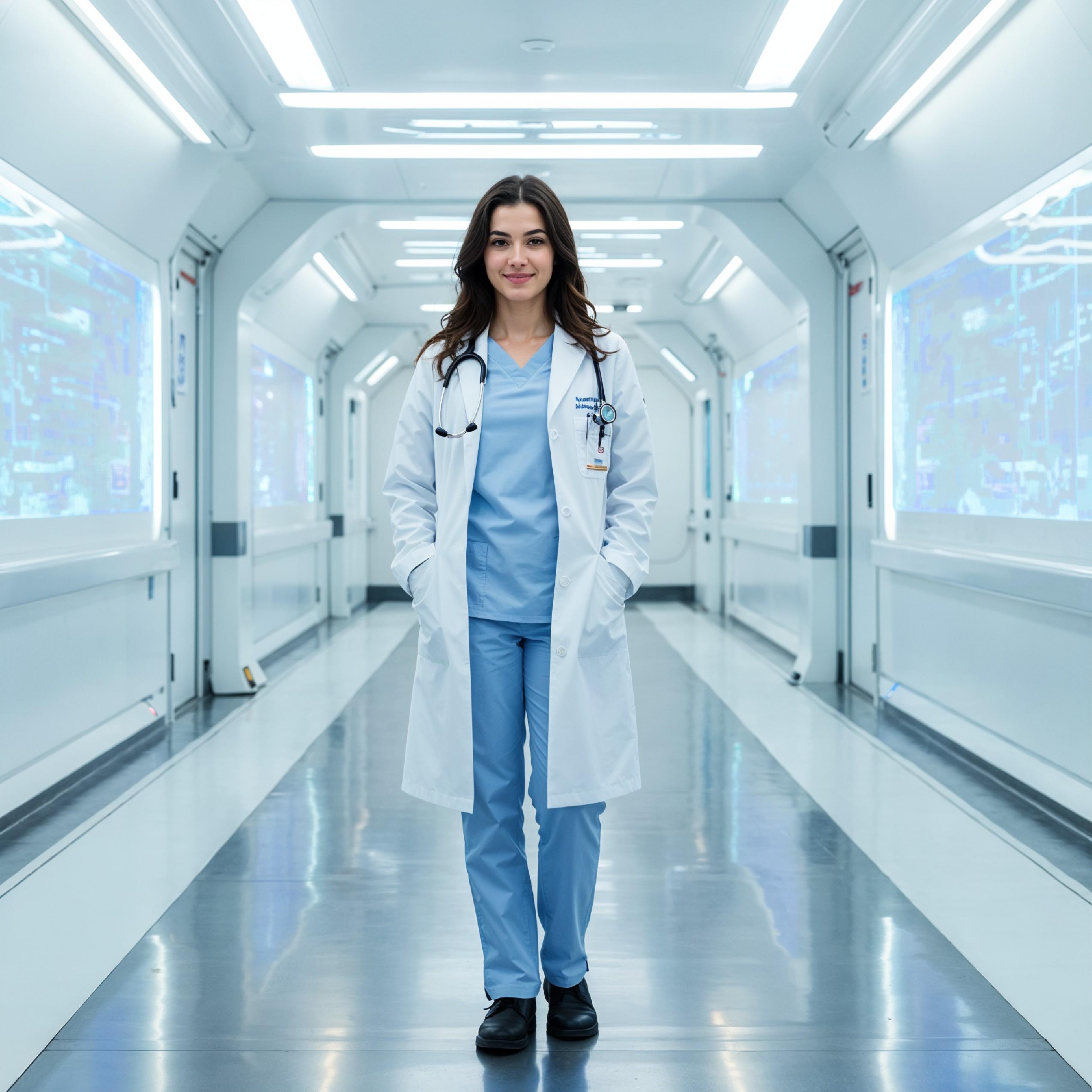 Young Female Doctor in Modern Hospital Wearing Medical Scrubs and Lab Coat Portrait