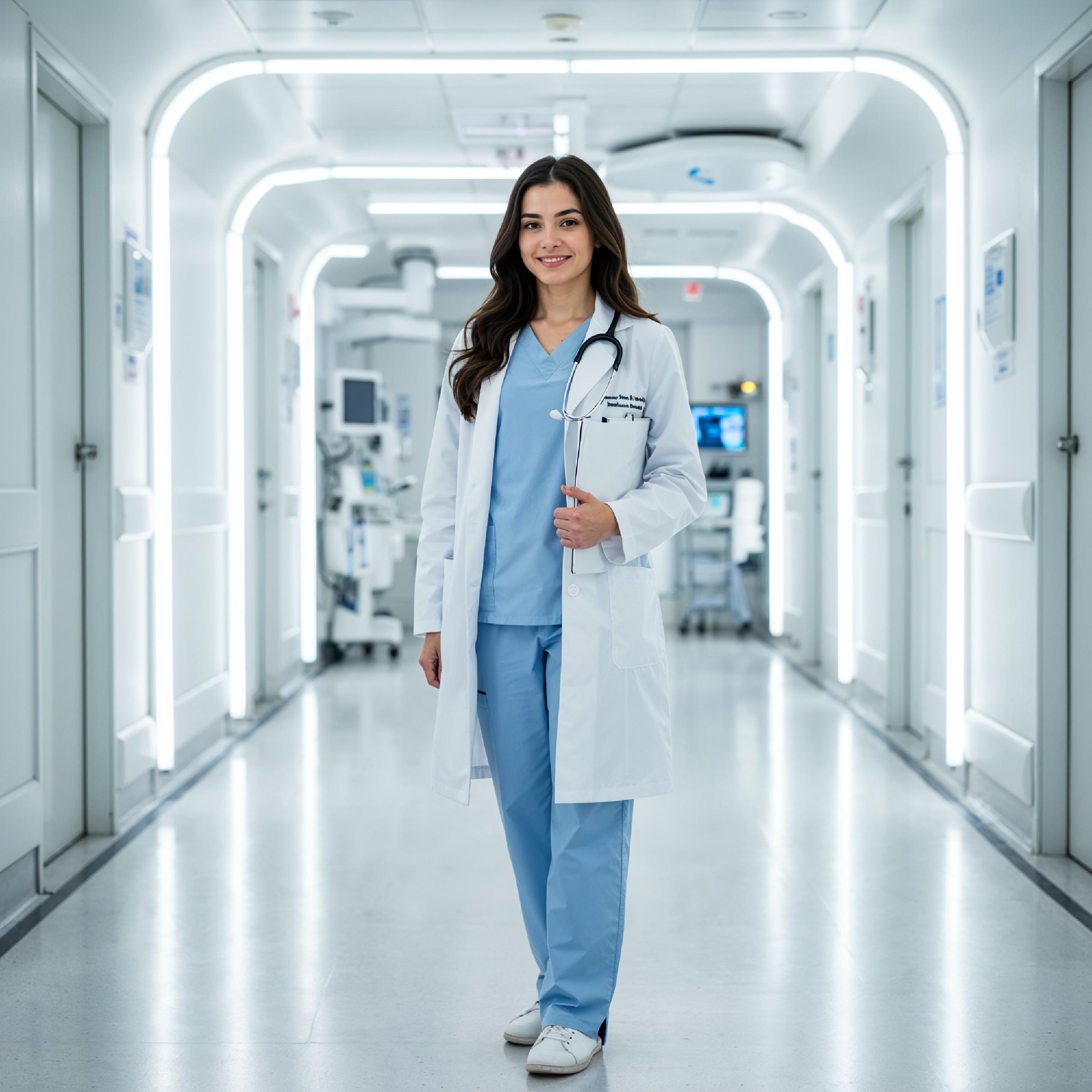 Young Female Doctor in Modern Hospital Wearing Medical Scrubs and Lab Coat Portrait