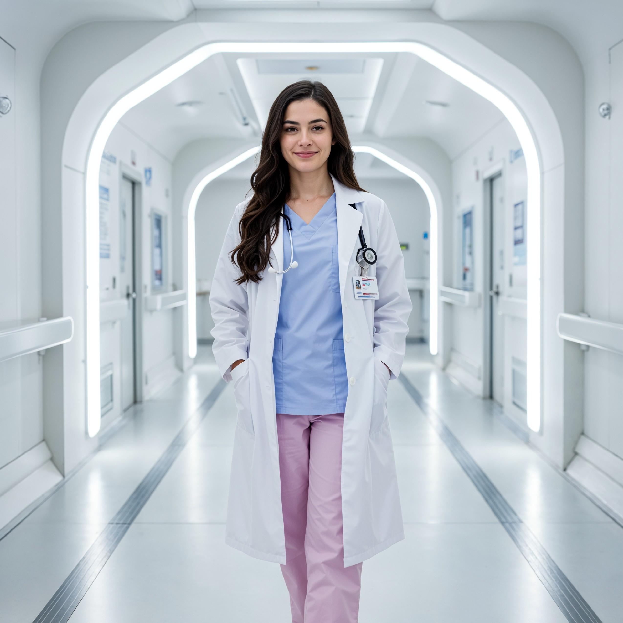 Young Female Doctor in Modern Hospital Wearing Medical Scrubs and Lab Coat Portrait