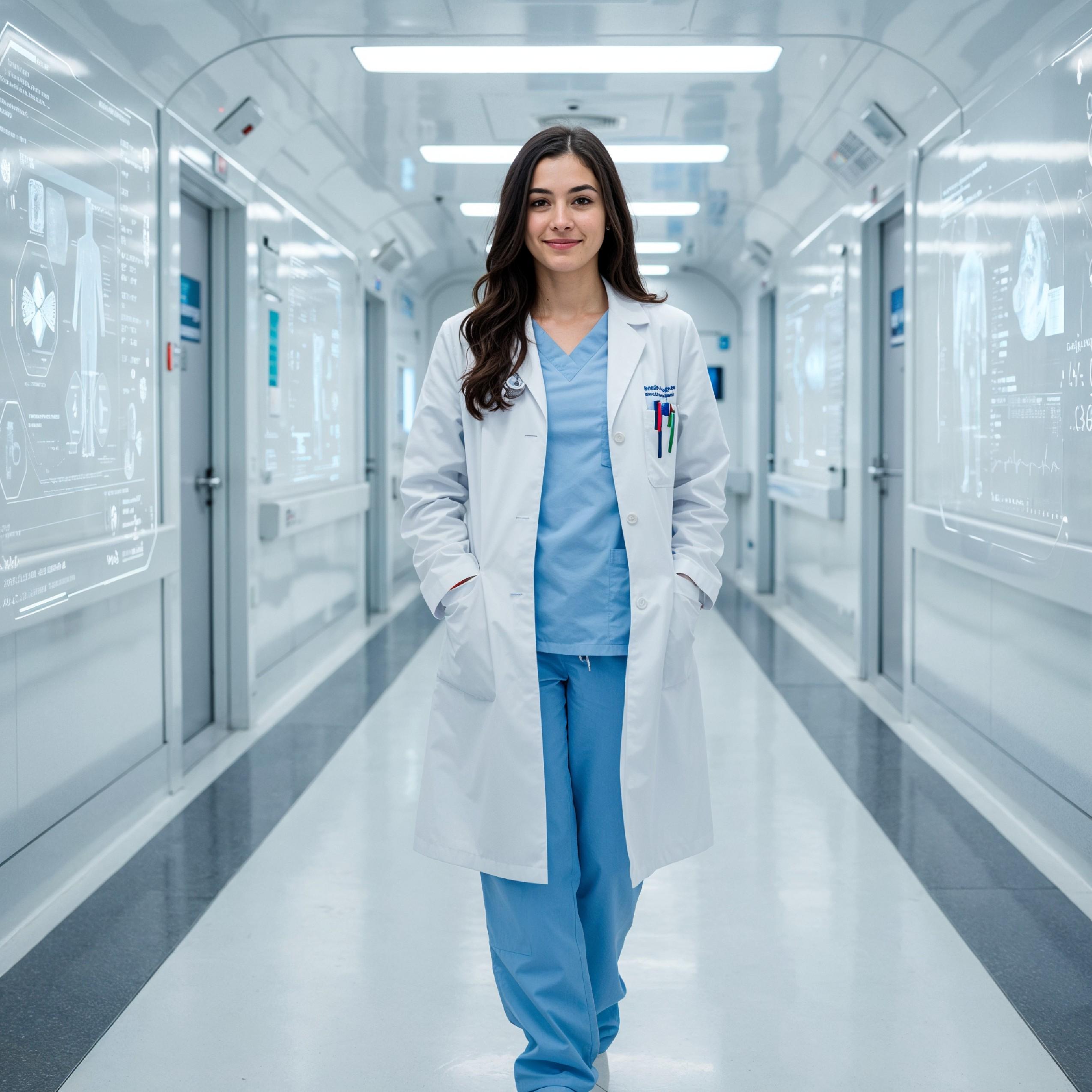 Young Female Doctor in Modern Hospital Wearing Medical Scrubs and Lab Coat Portrait