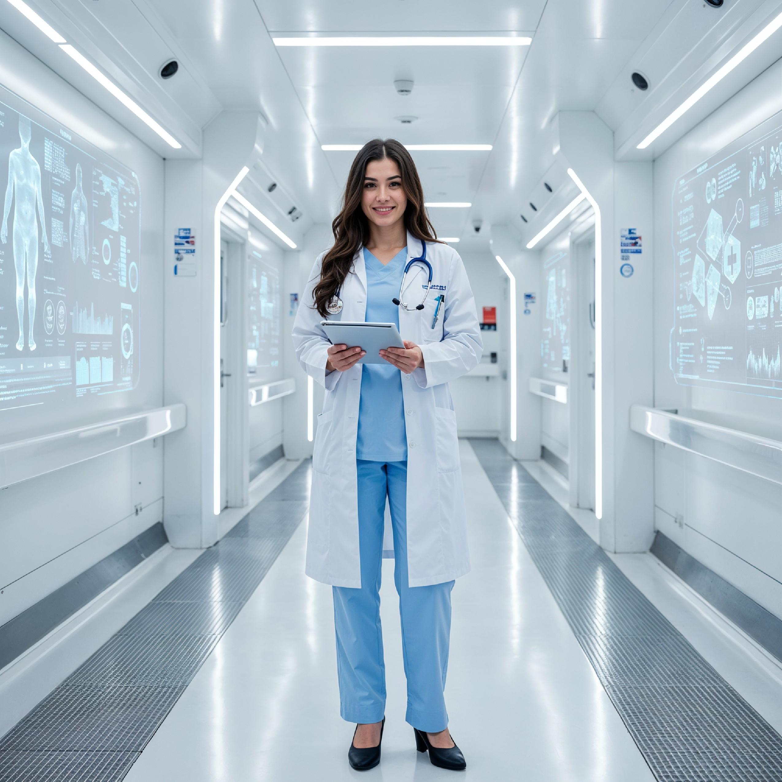 Young Female Doctor in Modern Hospital Wearing Medical Scrubs and Lab Coat Portrait