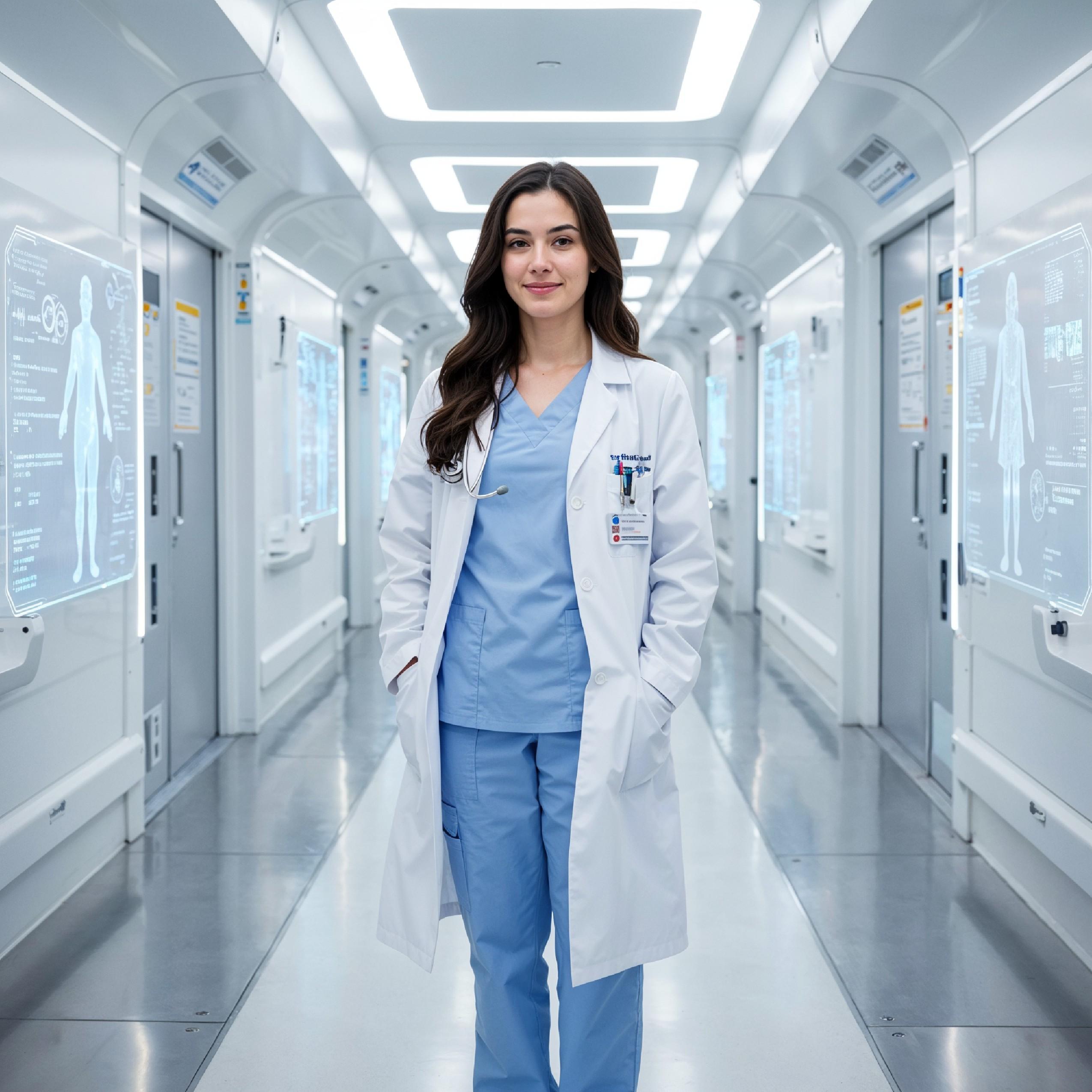 Young Female Doctor in Modern Hospital Wearing Medical Scrubs and Lab Coat Portrait