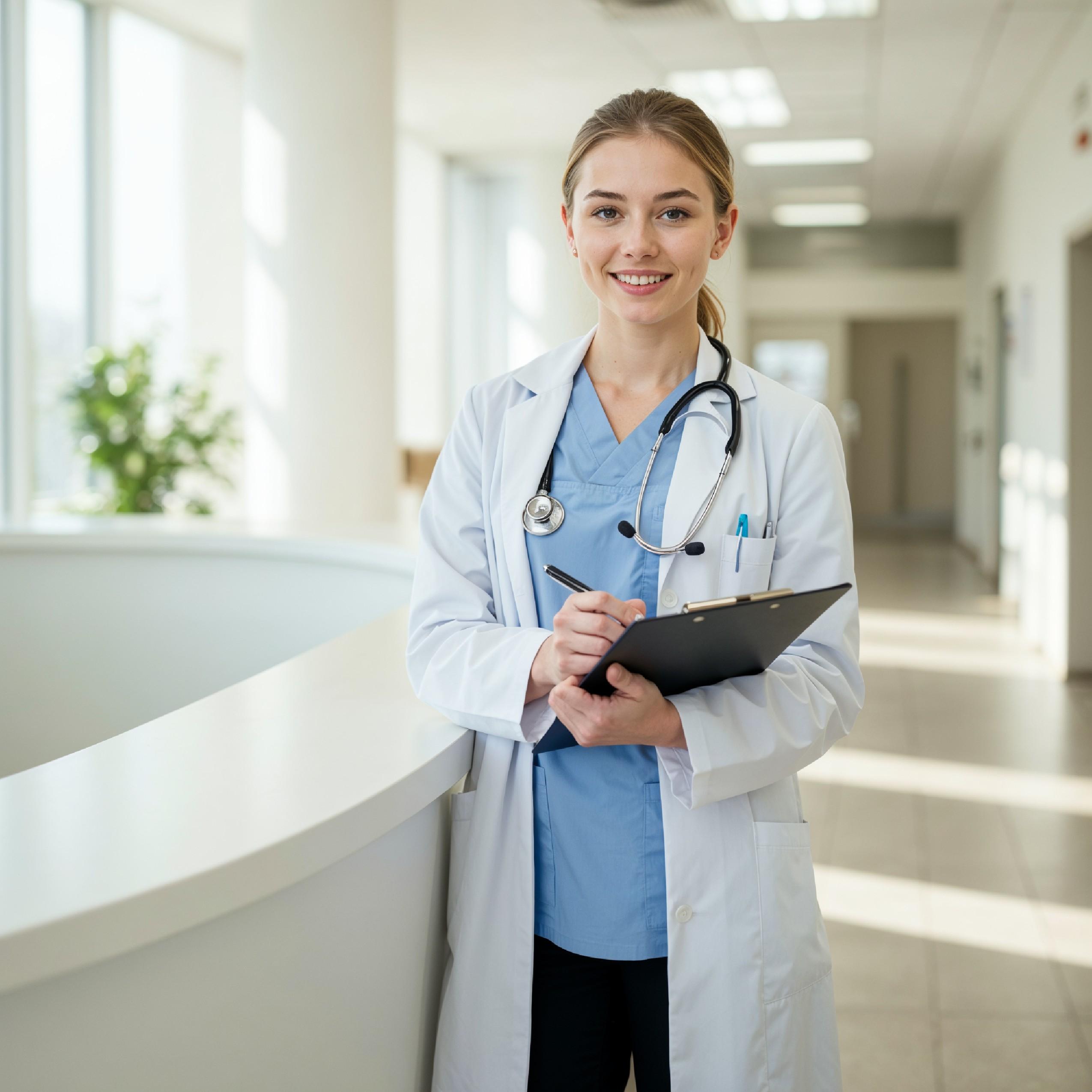 Young Female Doctor in Modern Hospital Wearing Medical Scrubs and Lab Coat Portrait