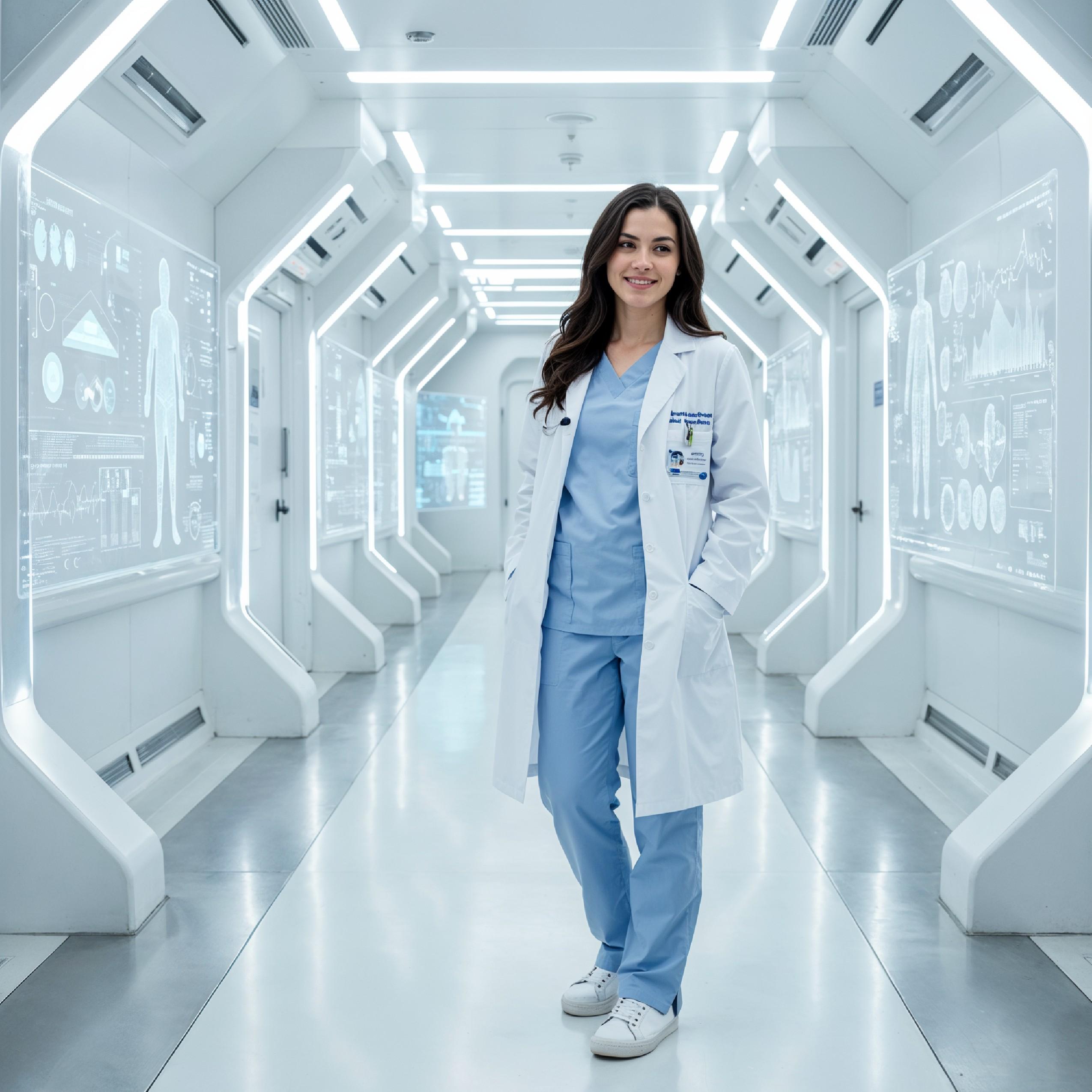 Young Female Doctor in Modern Hospital Wearing Medical Scrubs and Lab Coat Portrait