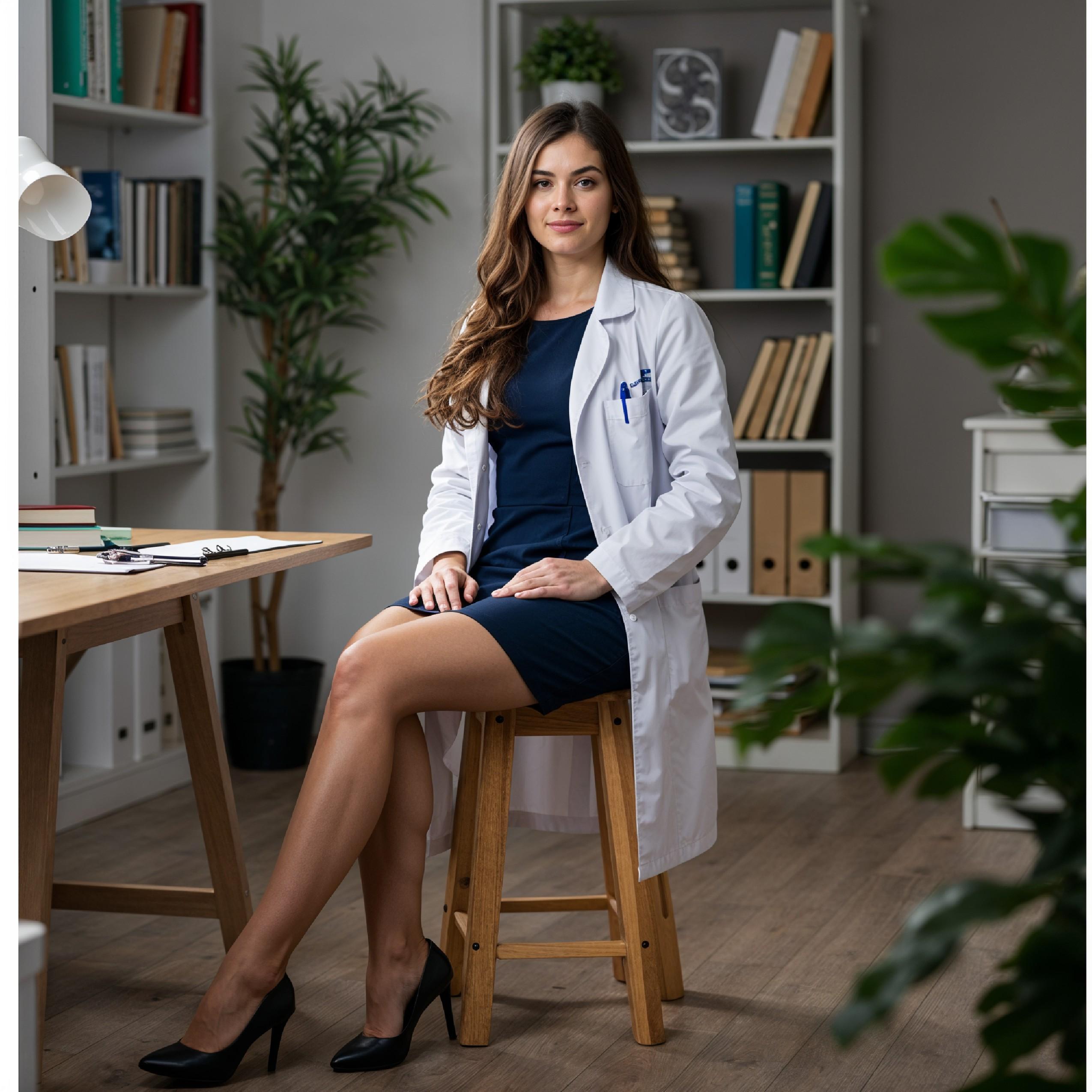 Young Female Doctor in Modern Hospital Wearing Medical Scrubs and Lab Coat Portrait