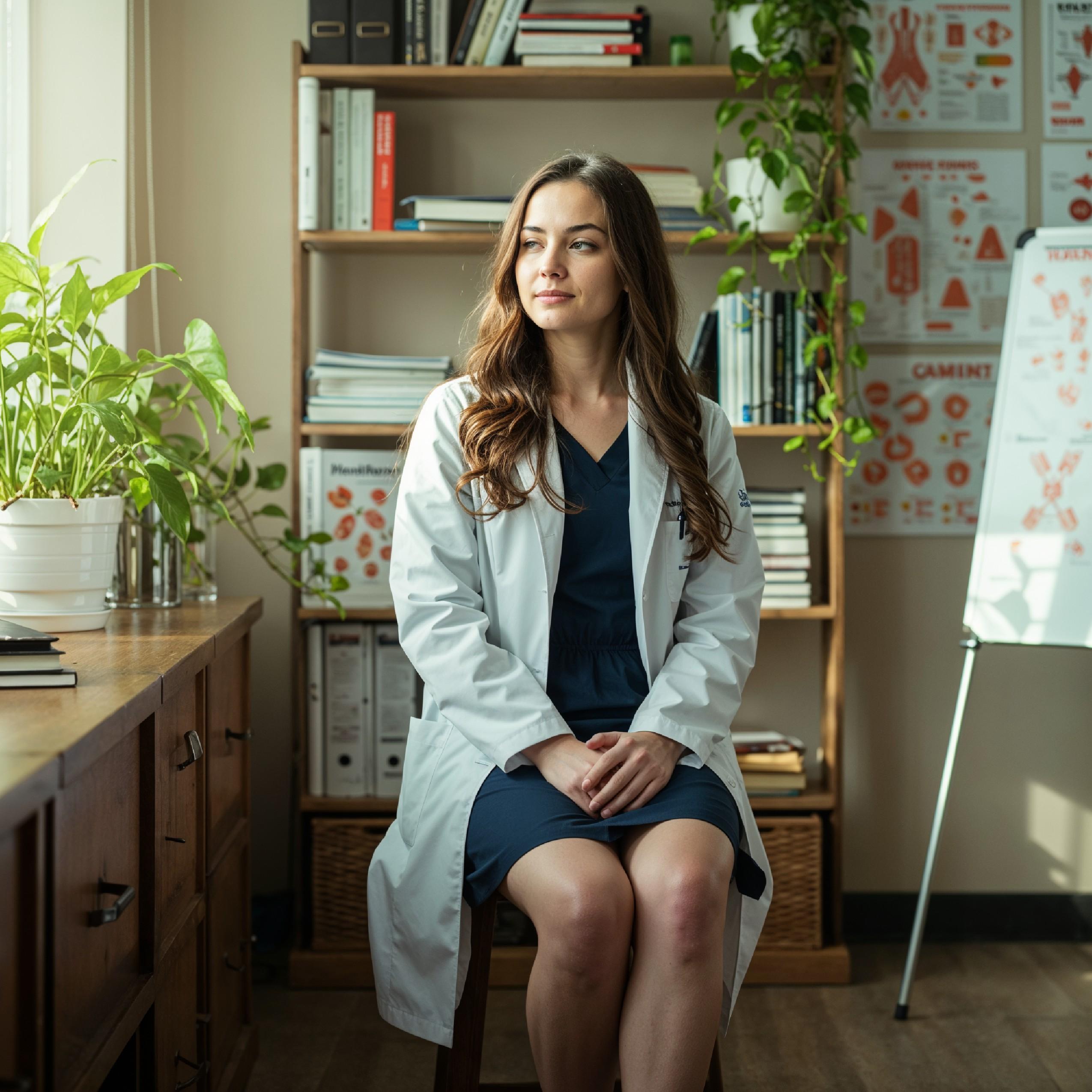 Young Female Doctor in Modern Hospital Wearing Medical Scrubs and Lab Coat Portrait
