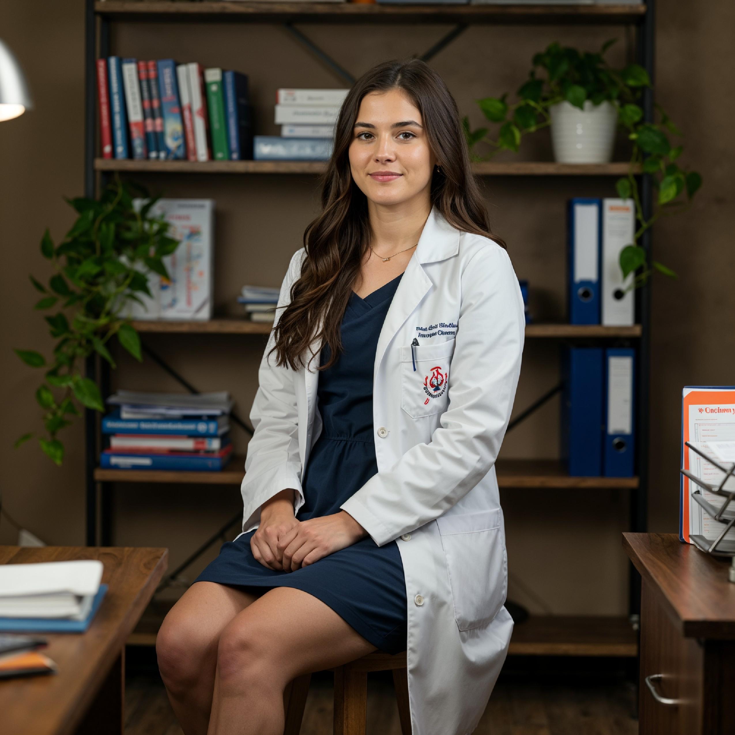 Young Female Doctor in Modern Hospital Wearing Medical Scrubs and Lab Coat Portrait