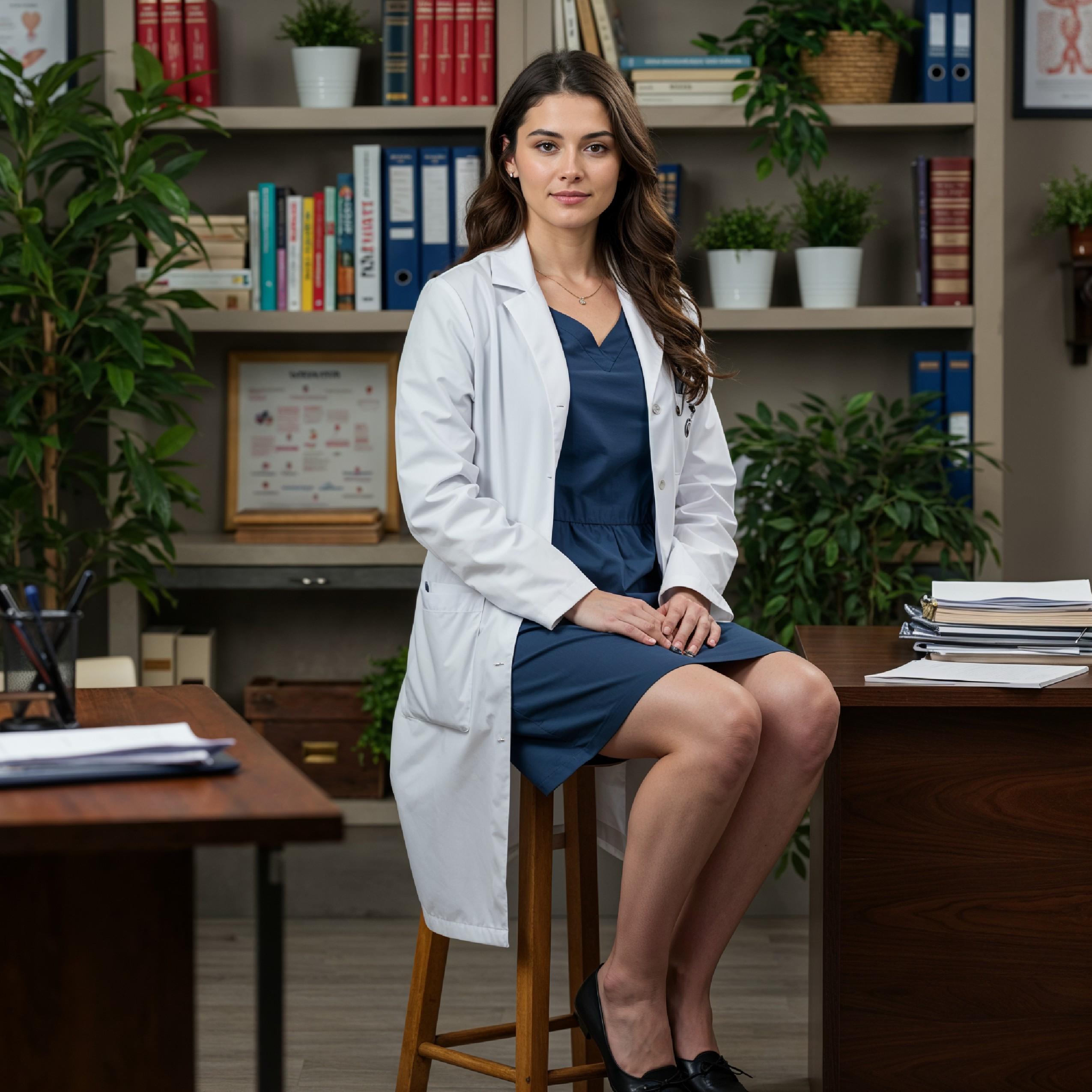Young Female Doctor in Modern Hospital Wearing Medical Scrubs and Lab Coat Portrait