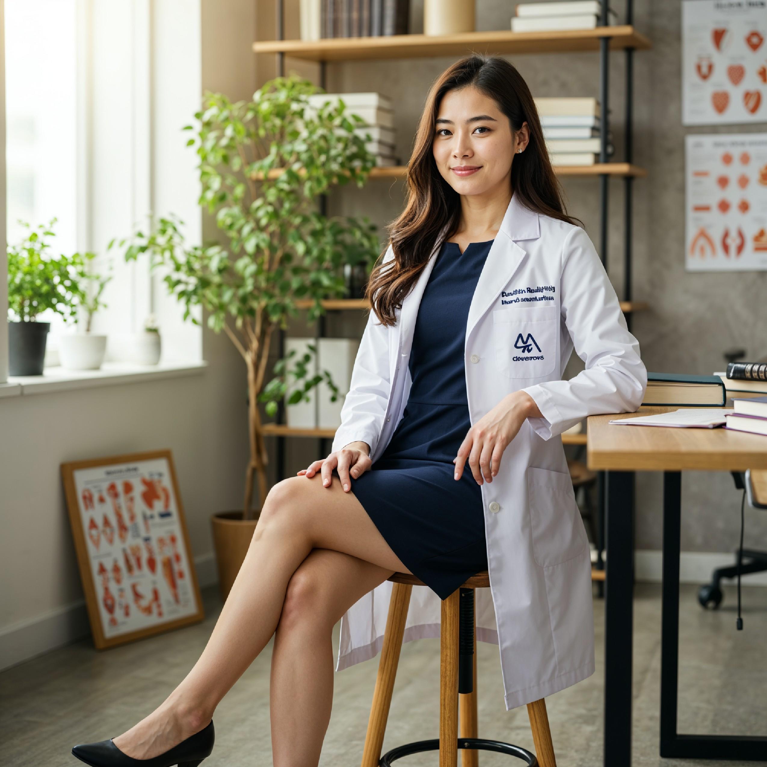 Young Female Doctor in Modern Hospital Wearing Medical Scrubs and Lab Coat Portrait
