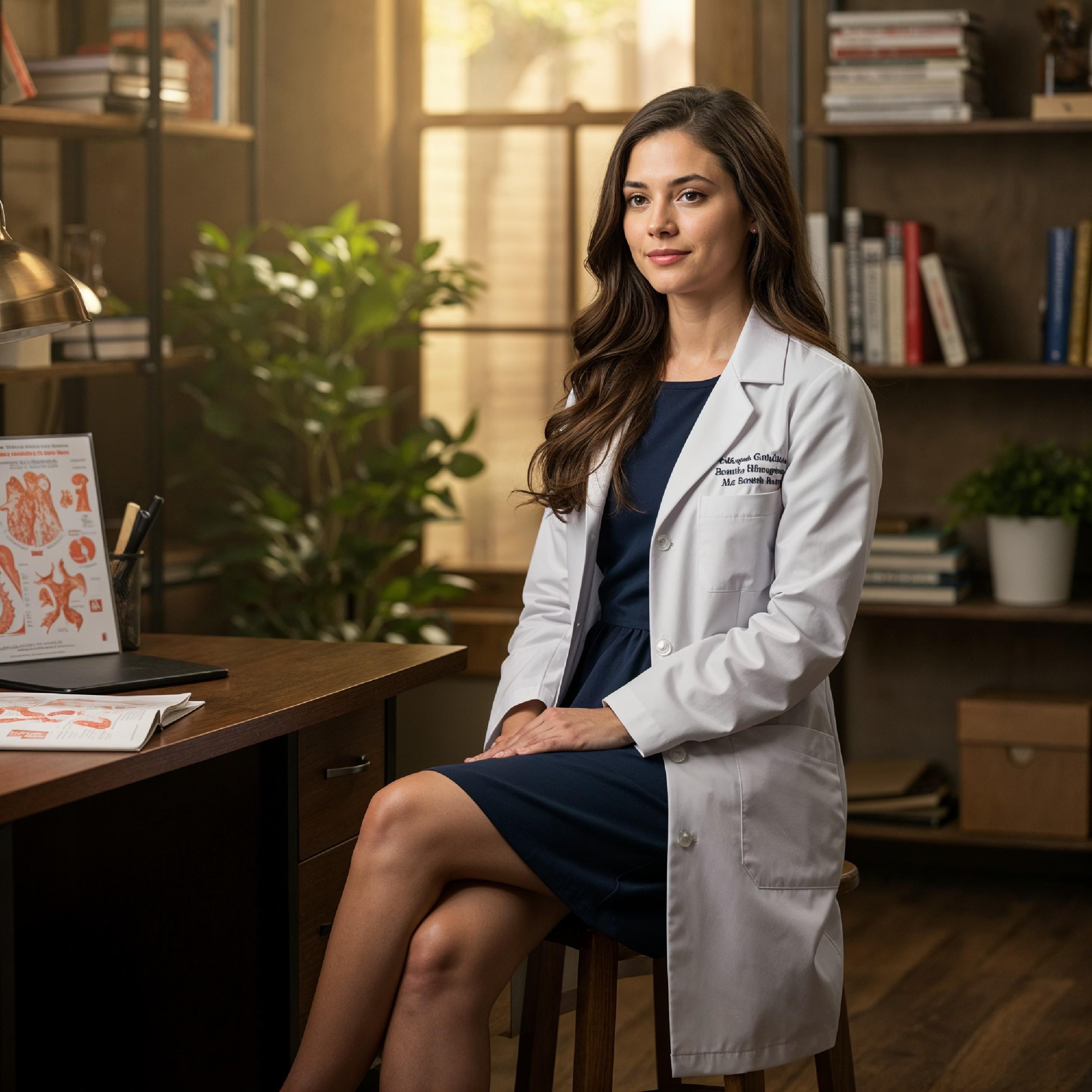 Young Female Doctor in Modern Hospital Wearing Medical Scrubs and Lab Coat Portrait