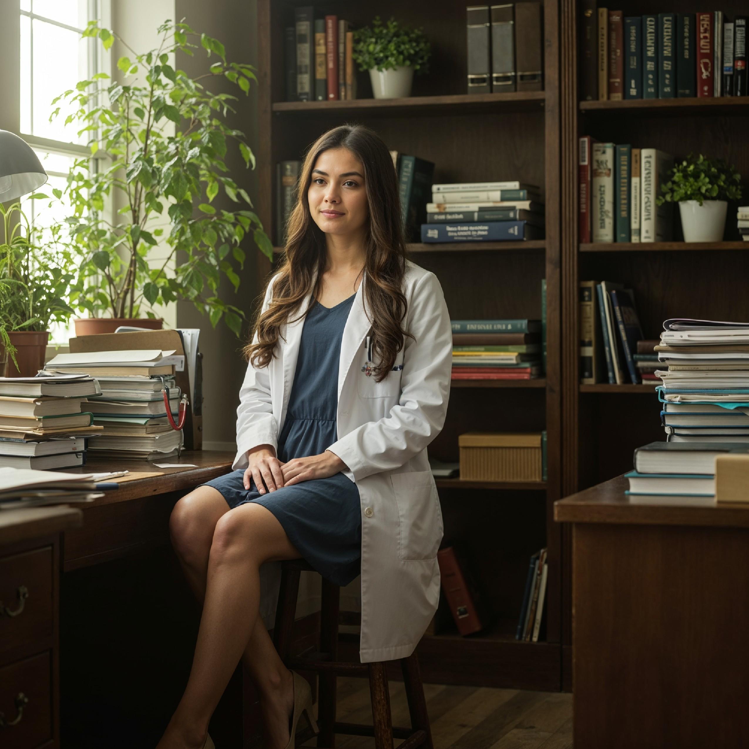 Young Female Doctor in Modern Hospital Wearing Medical Scrubs and Lab Coat Portrait