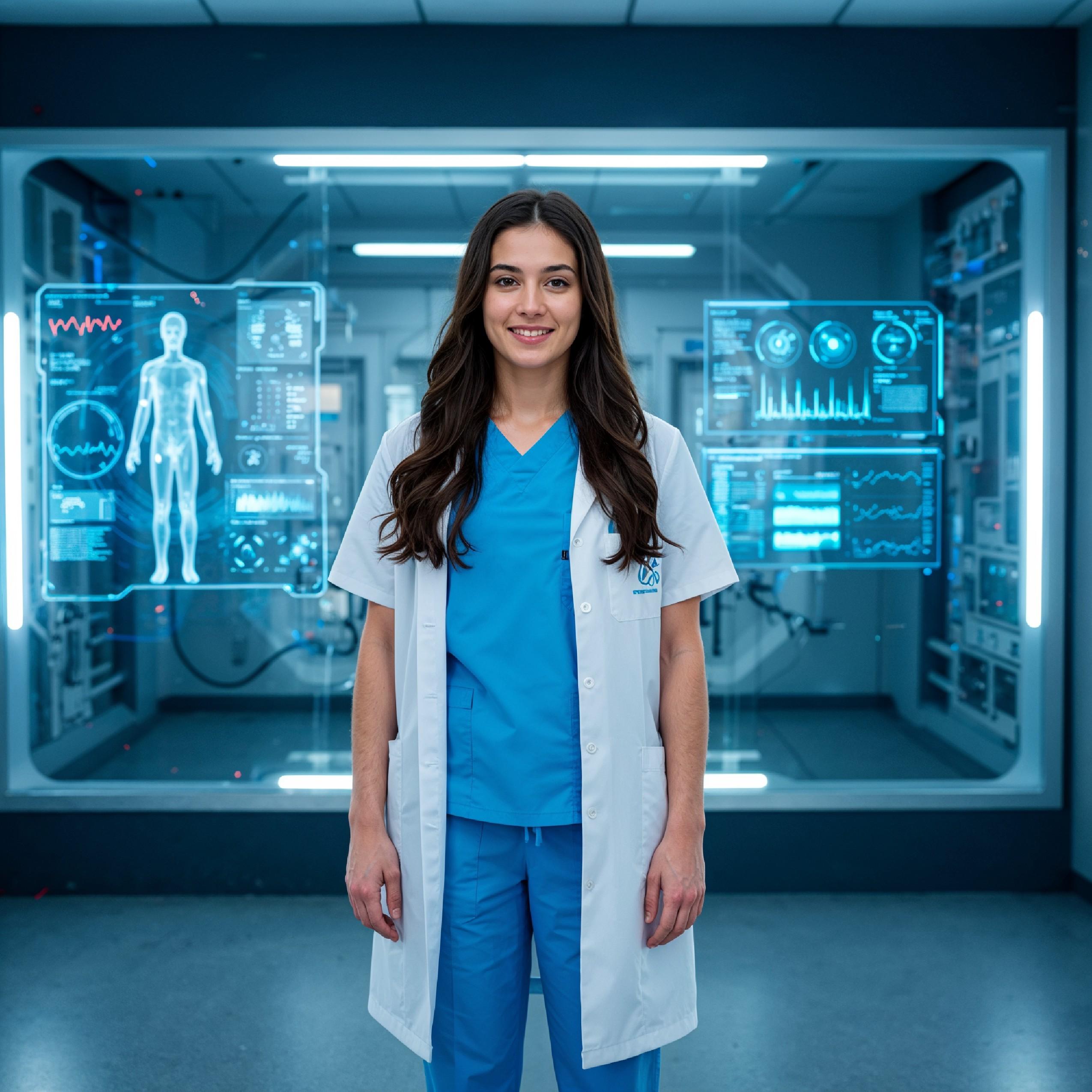 Young Female Doctor in Modern Hospital Wearing Medical Scrubs and Lab Coat Portrait