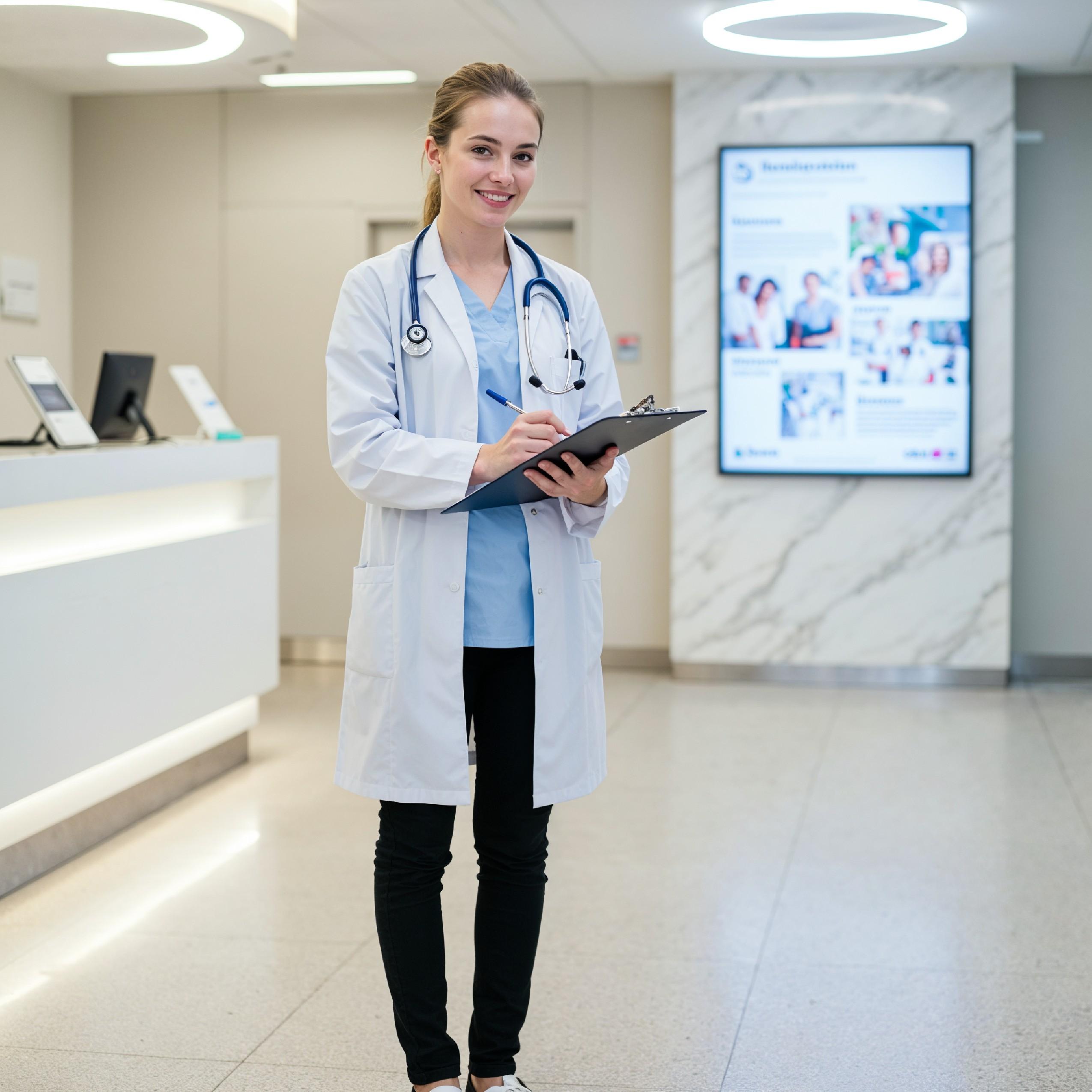 Young Female Doctor in Modern Hospital Wearing Medical Scrubs and Lab Coat Portrait