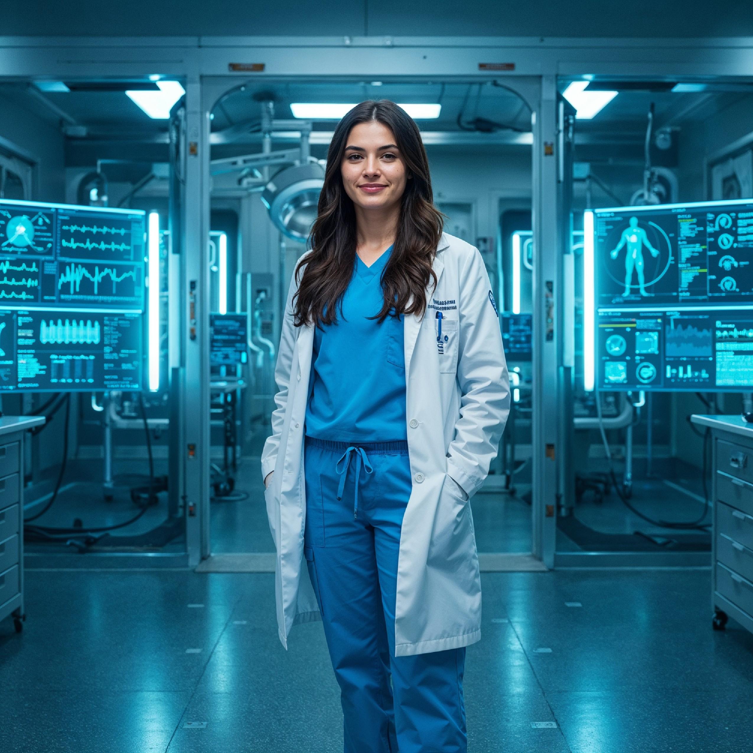Young Female Doctor in Modern Hospital Wearing Medical Scrubs and Lab Coat Portrait