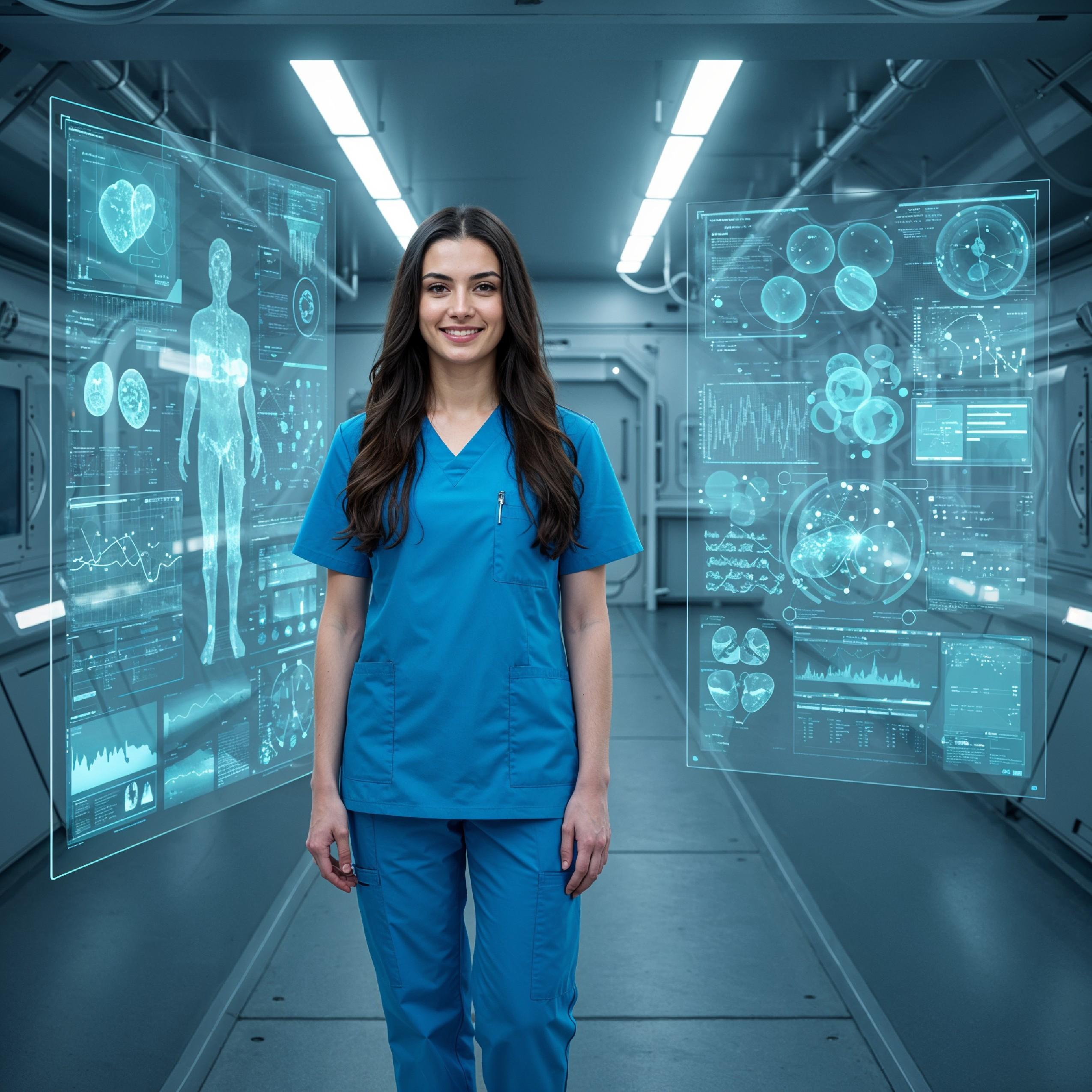 Young Female Doctor in Modern Hospital Wearing Medical Scrubs and Lab Coat Portrait