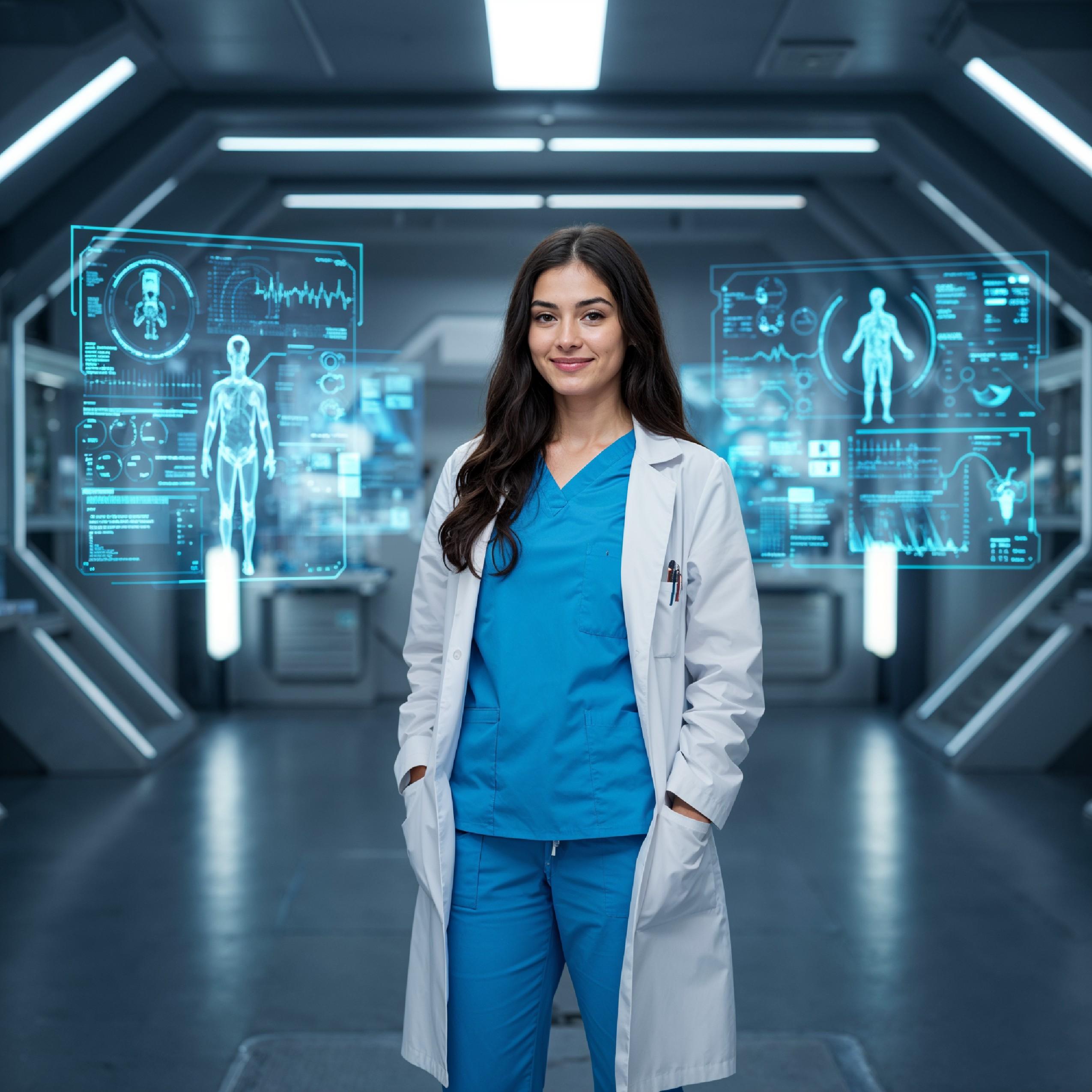 Young Female Doctor in Modern Hospital Wearing Medical Scrubs and Lab Coat Portrait