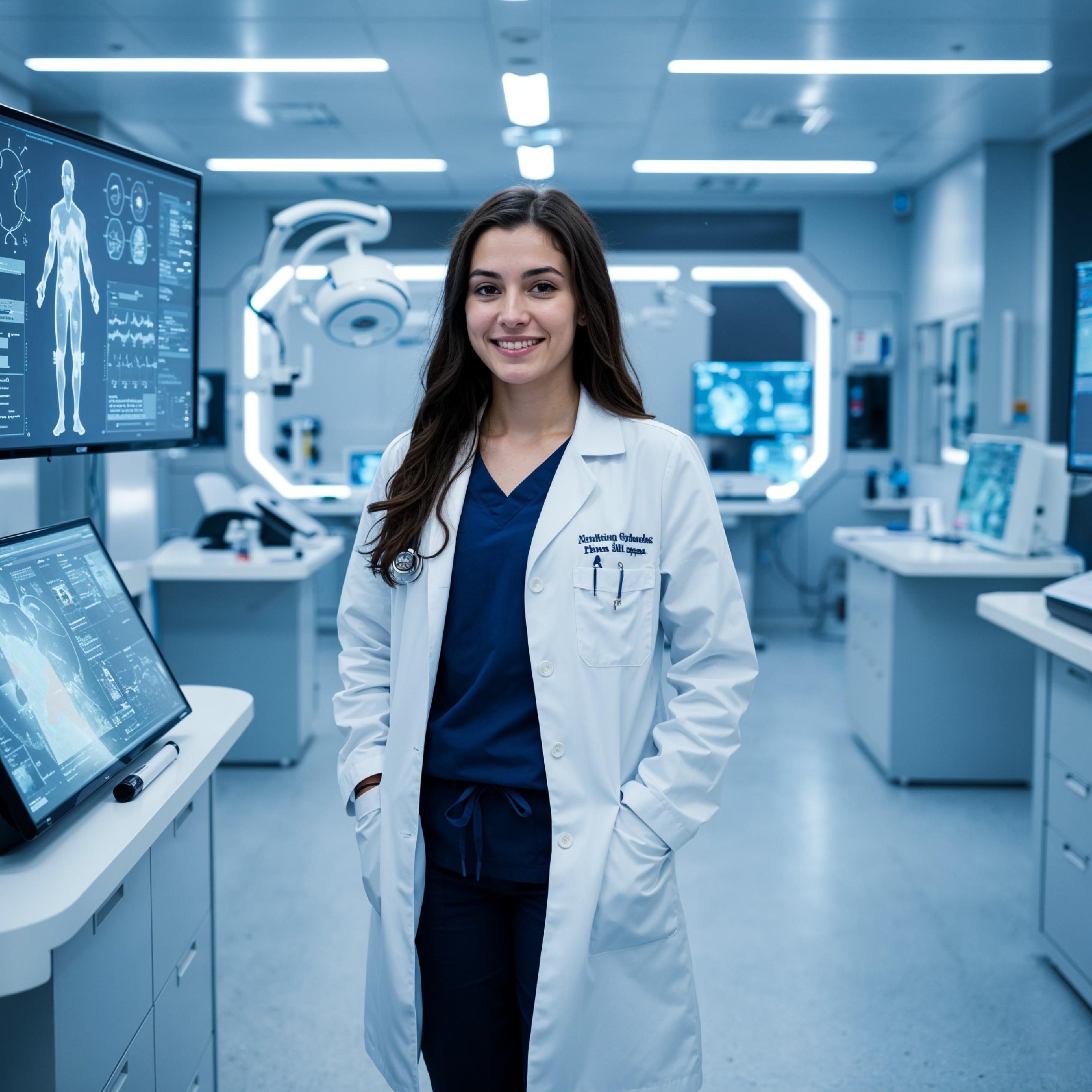 Young Female Doctor in Modern Hospital Wearing Medical Scrubs and Lab Coat Portrait