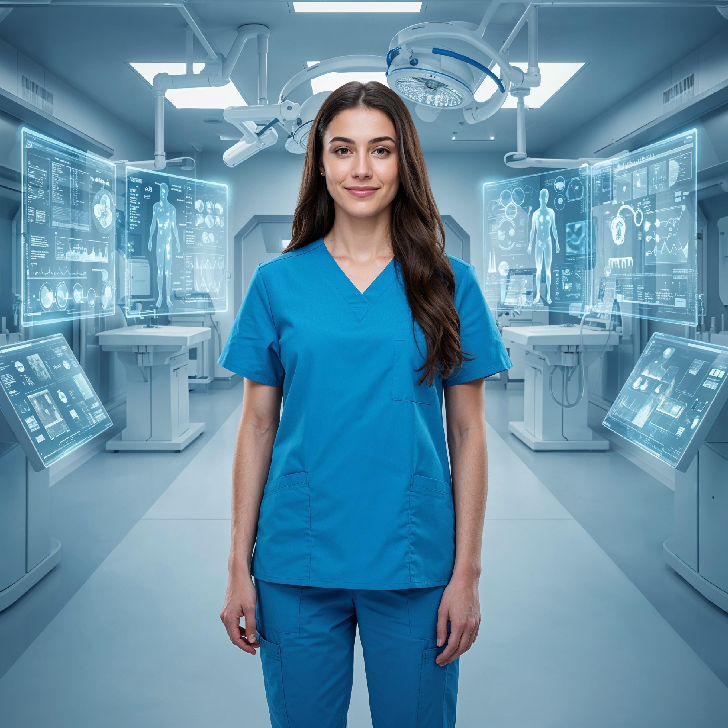 Young Female Doctor in Modern Hospital Wearing Medical Scrubs and Lab Coat Portrait
