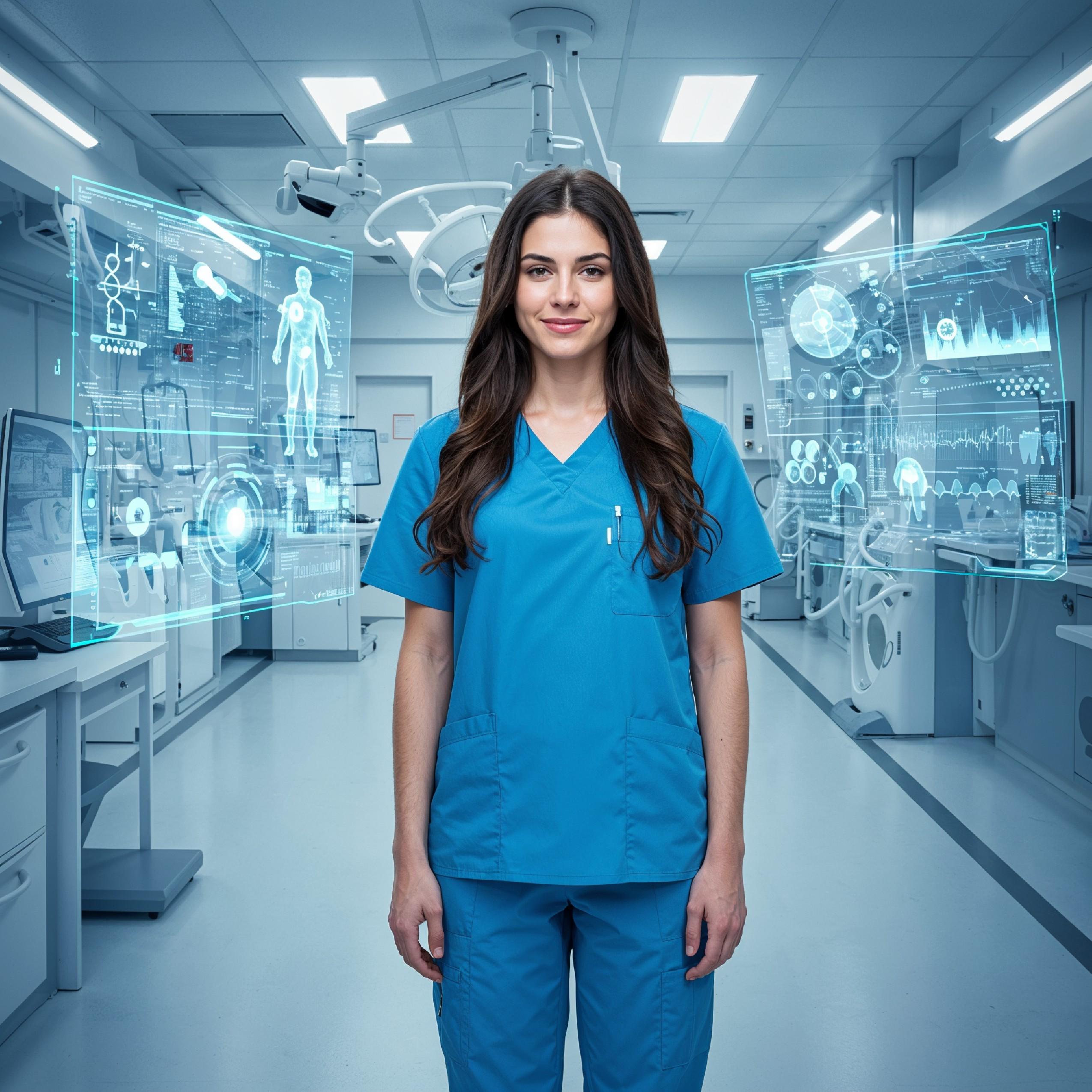 Young Female Doctor in Modern Hospital Wearing Medical Scrubs and Lab Coat Portrait