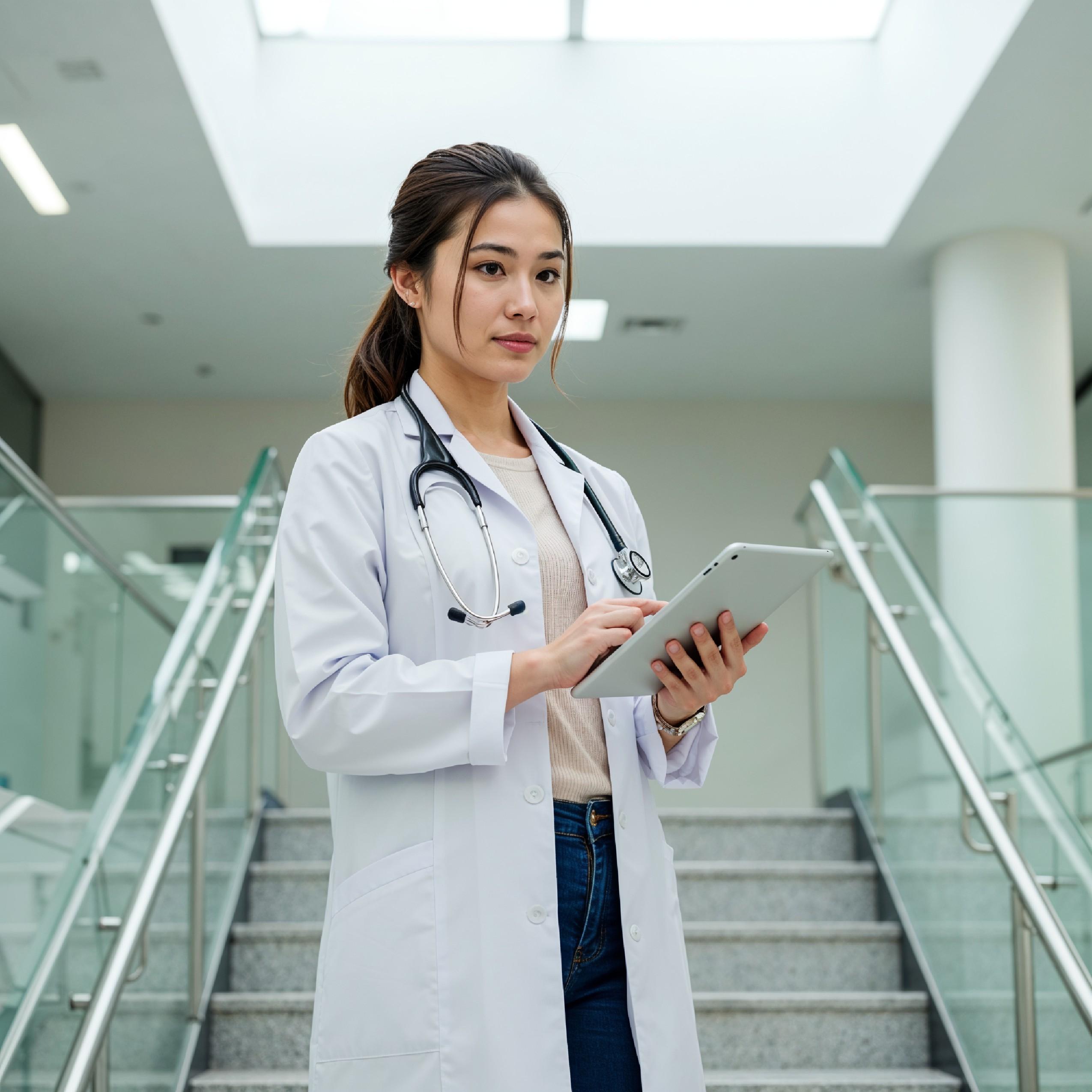 Young Female Doctor in Modern Hospital Wearing Medical Scrubs and Lab Coat Portrait