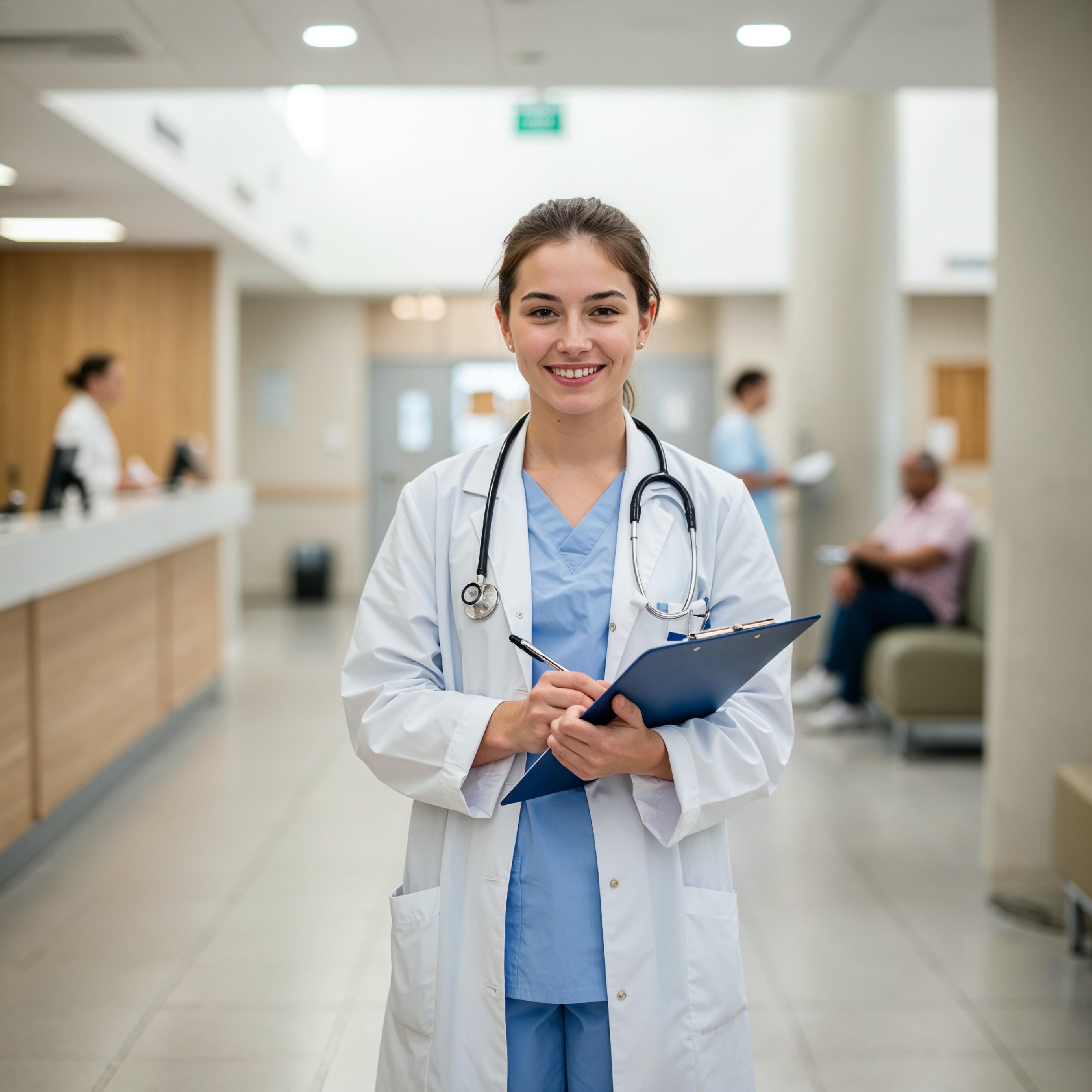 Young Female Doctor in Modern Hospital Wearing Medical Scrubs and Lab Coat Portrait