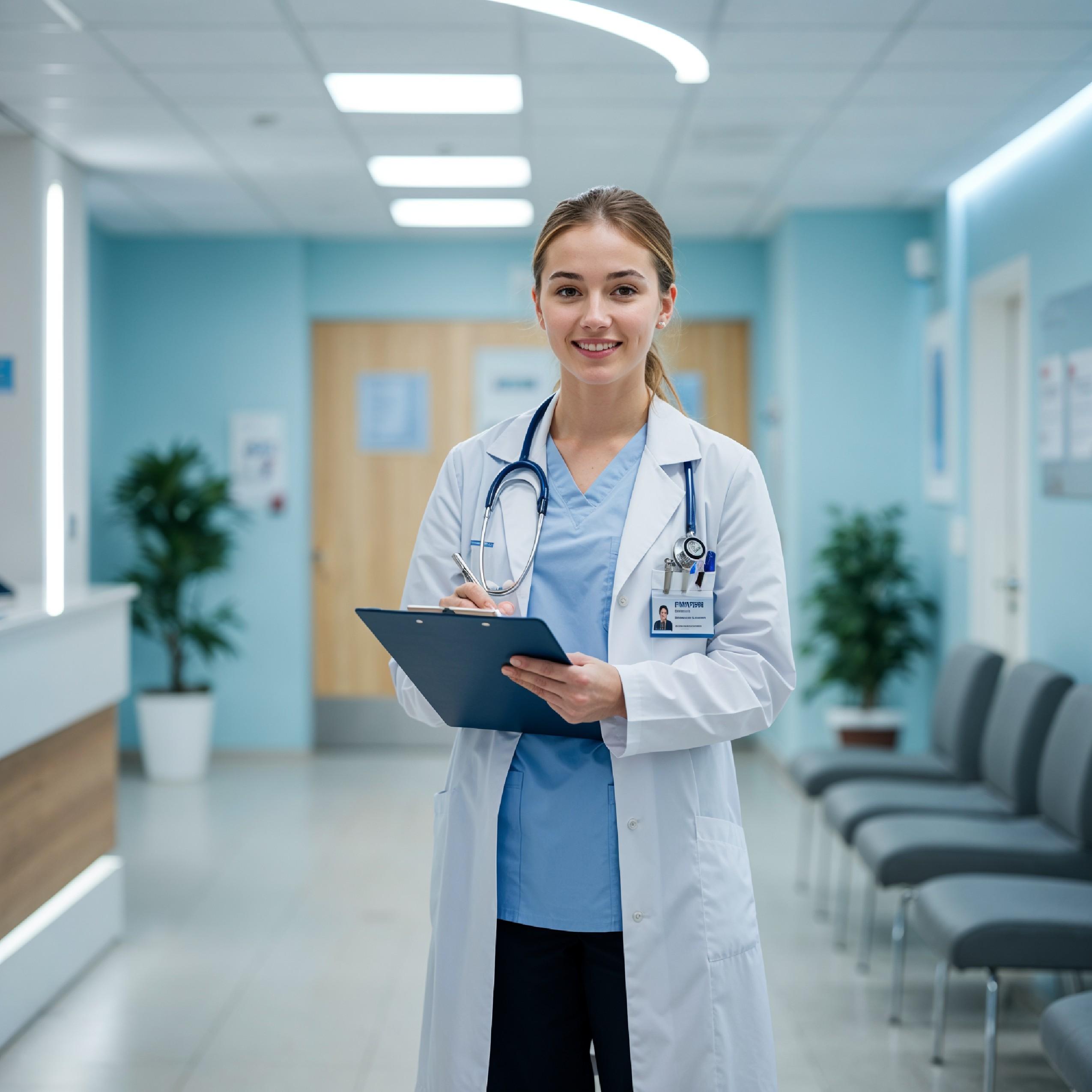 Young Female Doctor in Modern Hospital Wearing Medical Scrubs and Lab Coat Portrait