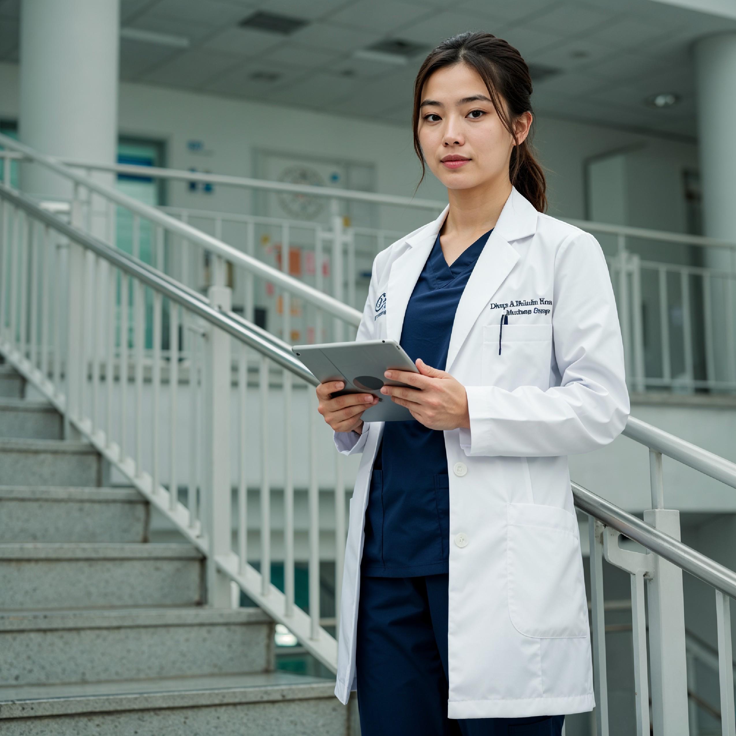 Young Female Doctor in Modern Hospital Wearing Medical Scrubs and Lab Coat Portrait
