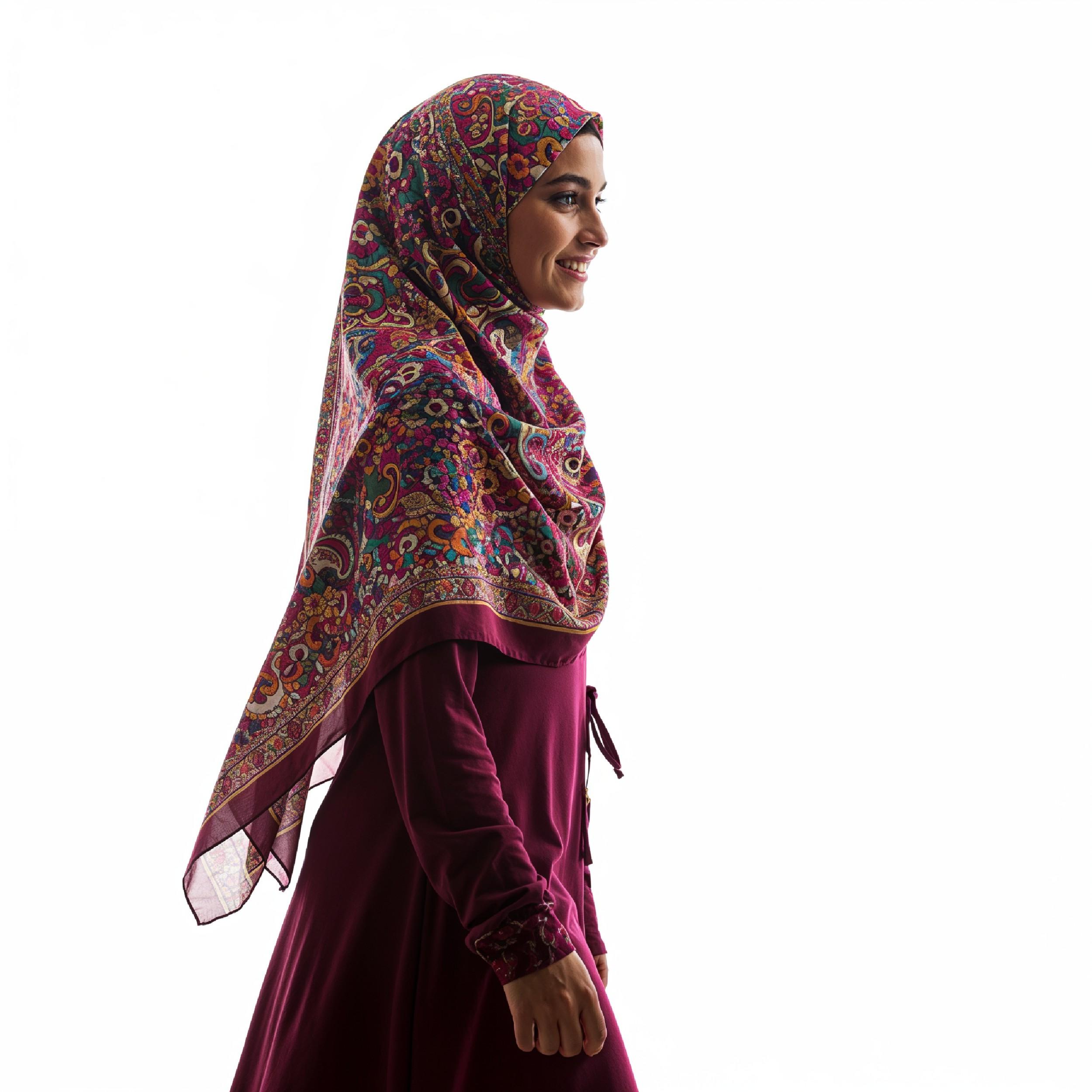 Young Islamic Girl Wearing Colorful Patterned Hijab and Elegant Modest Dress in Studio Portrait