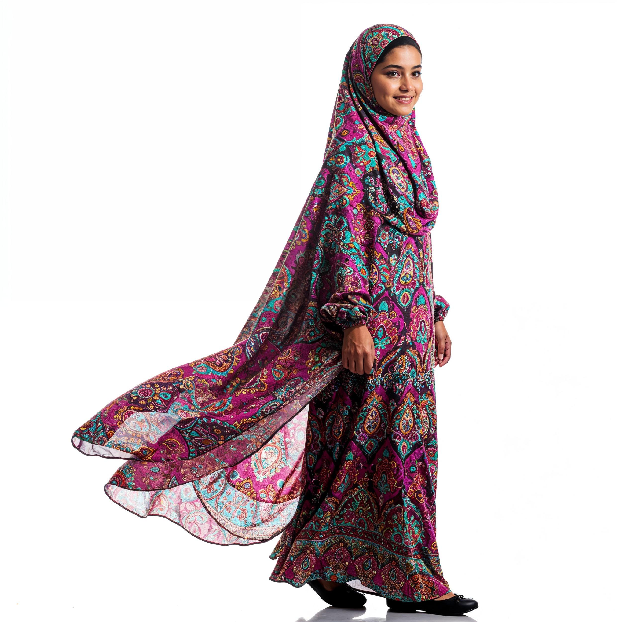 Young Islamic Girl Wearing Colorful Patterned Hijab and Elegant Modest Dress in Studio Portrait