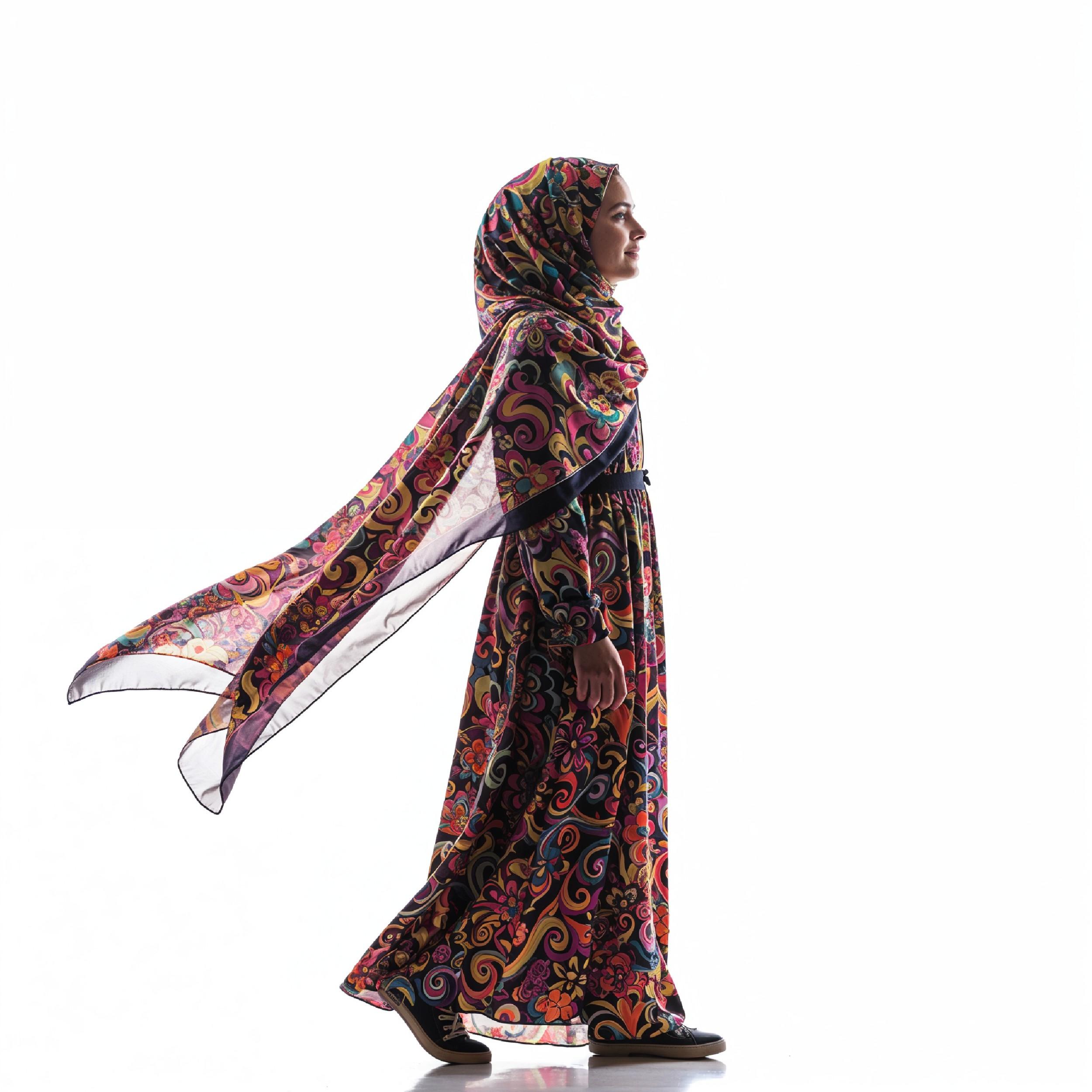 Young Islamic Girl Wearing Colorful Patterned Hijab and Elegant Modest Dress in Studio Portrait