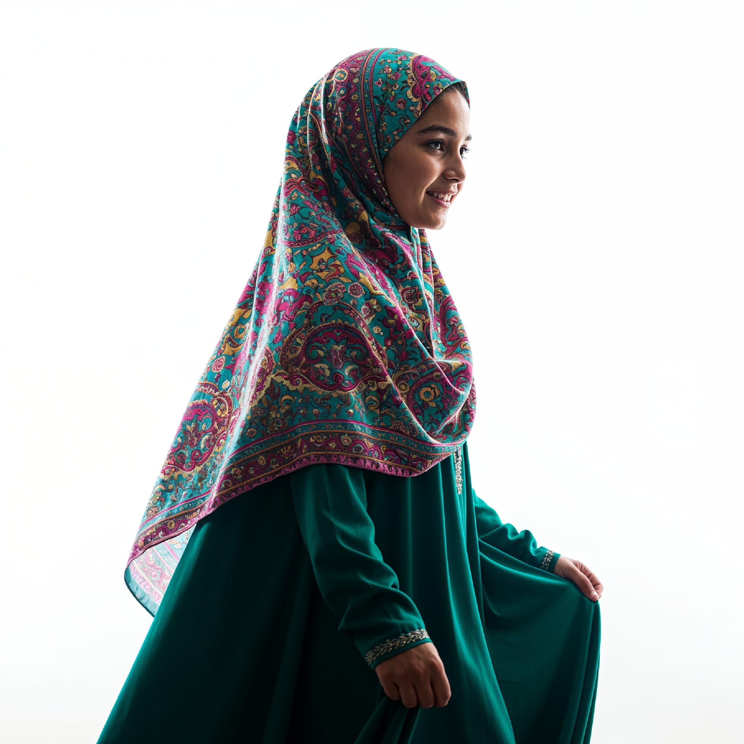 Young Islamic Girl Wearing Colorful Patterned Hijab and Elegant Modest Dress in Studio Portrait