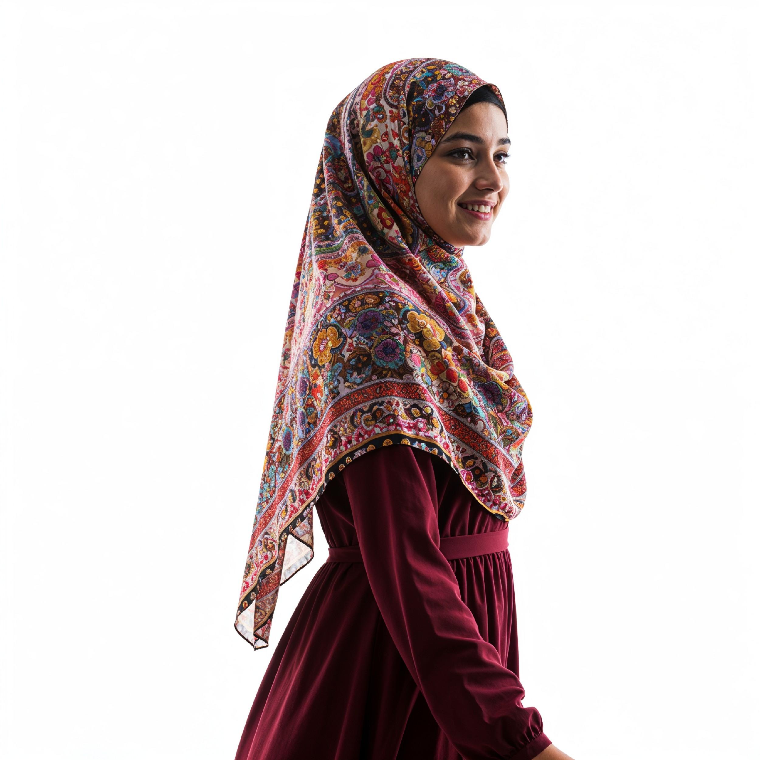 Young Islamic Girl Wearing Colorful Patterned Hijab and Elegant Modest Dress in Studio Portrait