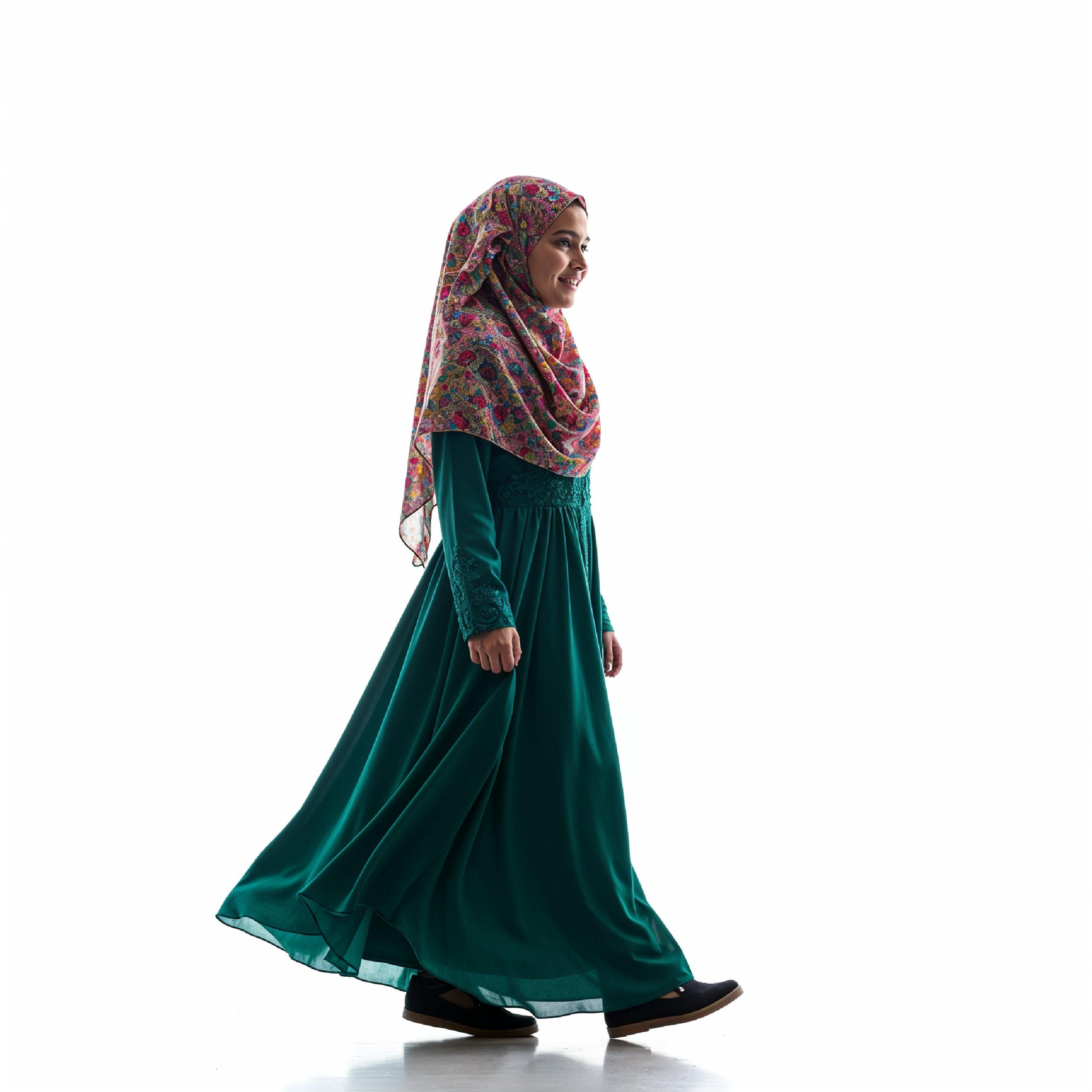 Young Islamic Girl Wearing Colorful Patterned Hijab and Elegant Modest Dress in Studio Portrait