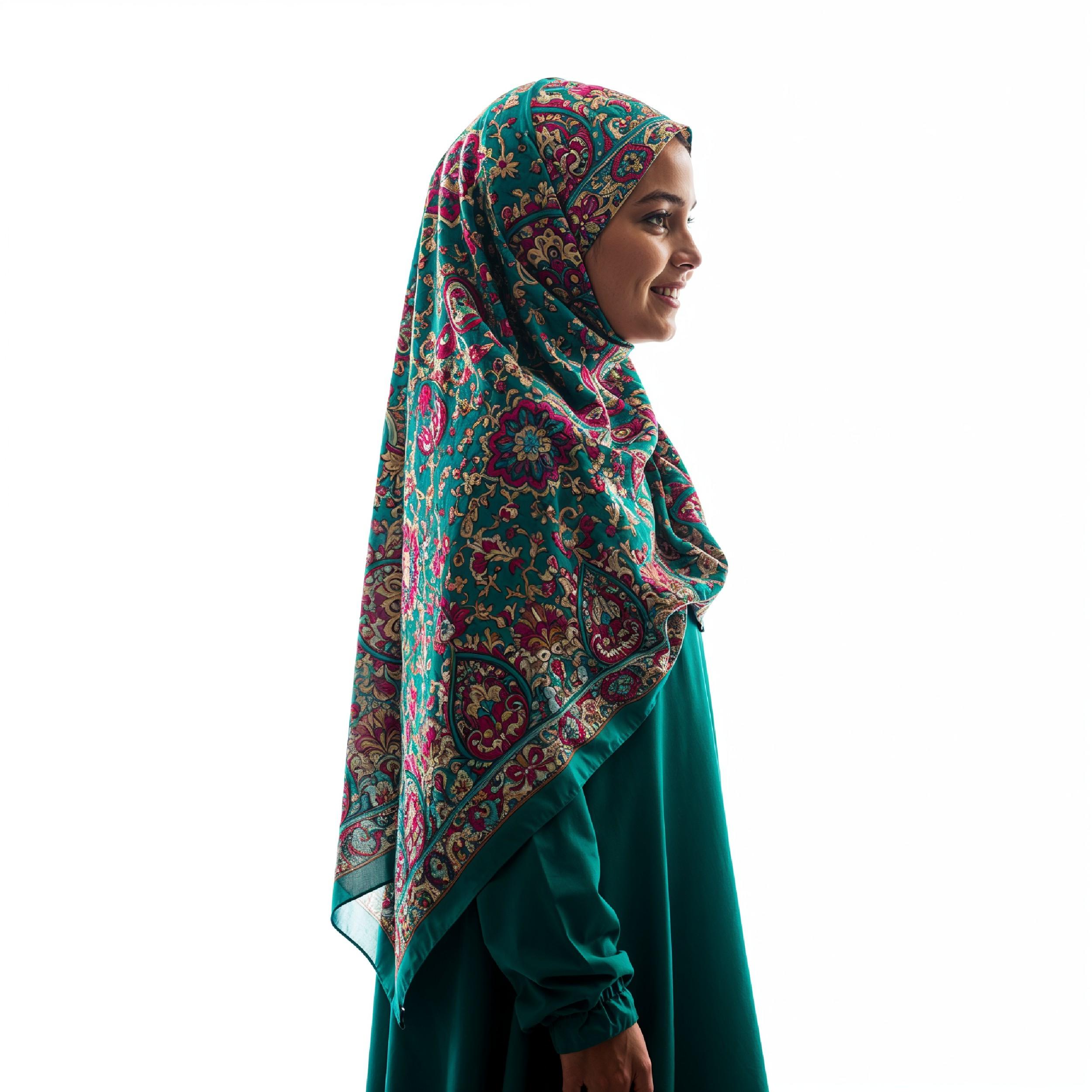 Young Islamic Girl Wearing Colorful Patterned Hijab and Elegant Modest Dress in Studio Portrait