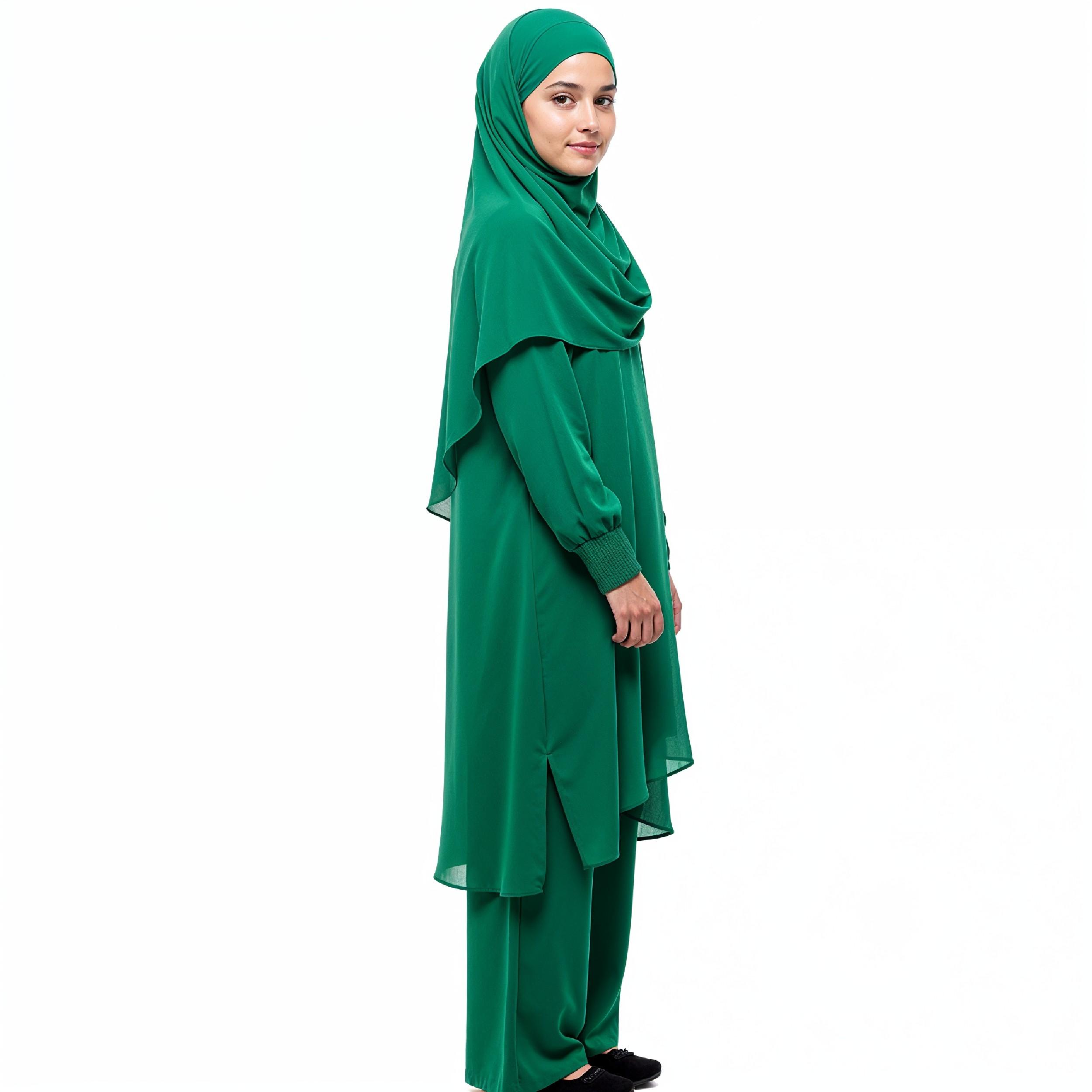 Young Islamic Girl Wearing Green Hijab and Modest Traditional Outfit Studio Portrait