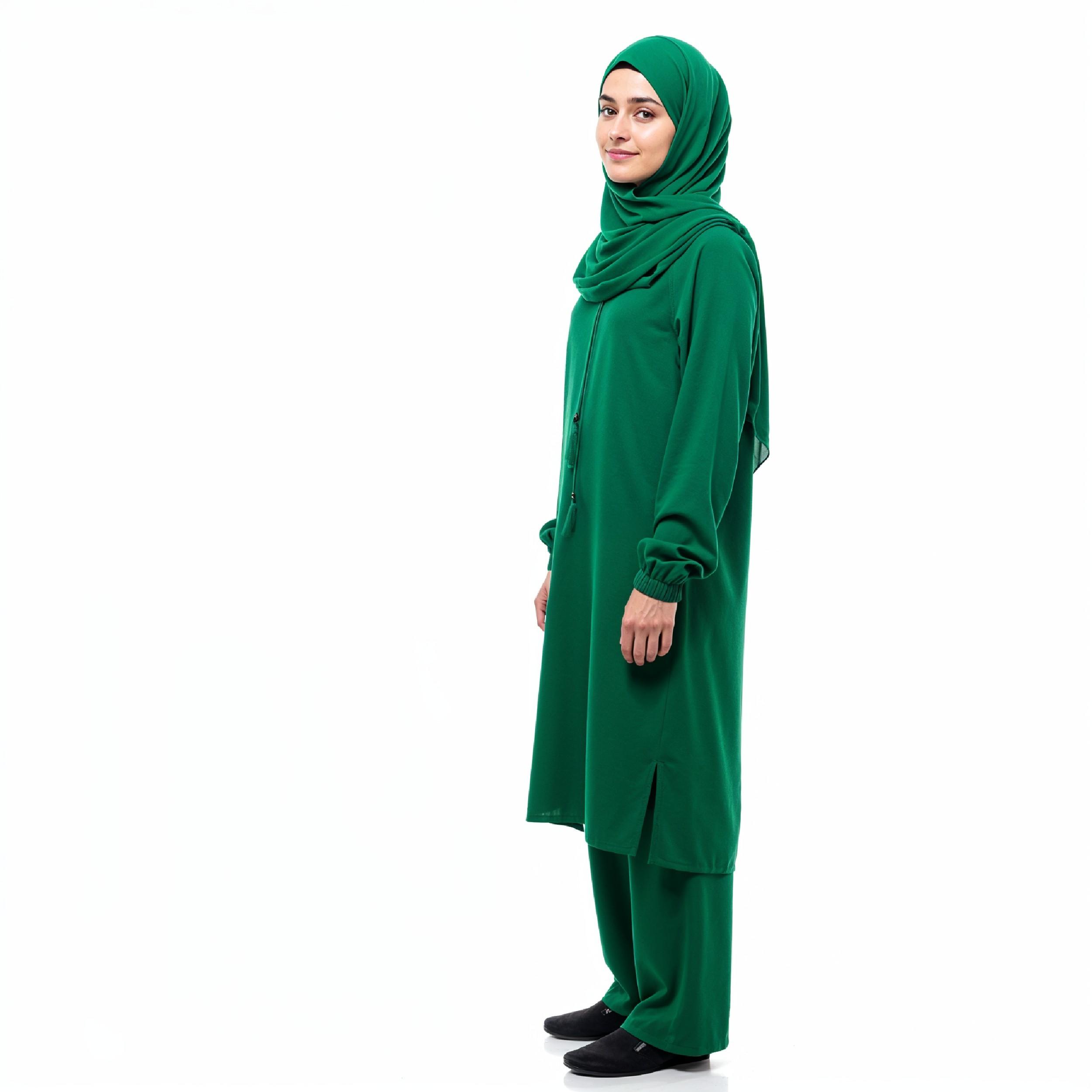 Young Islamic Girl Wearing Green Hijab and Modest Traditional Outfit Studio Portrait