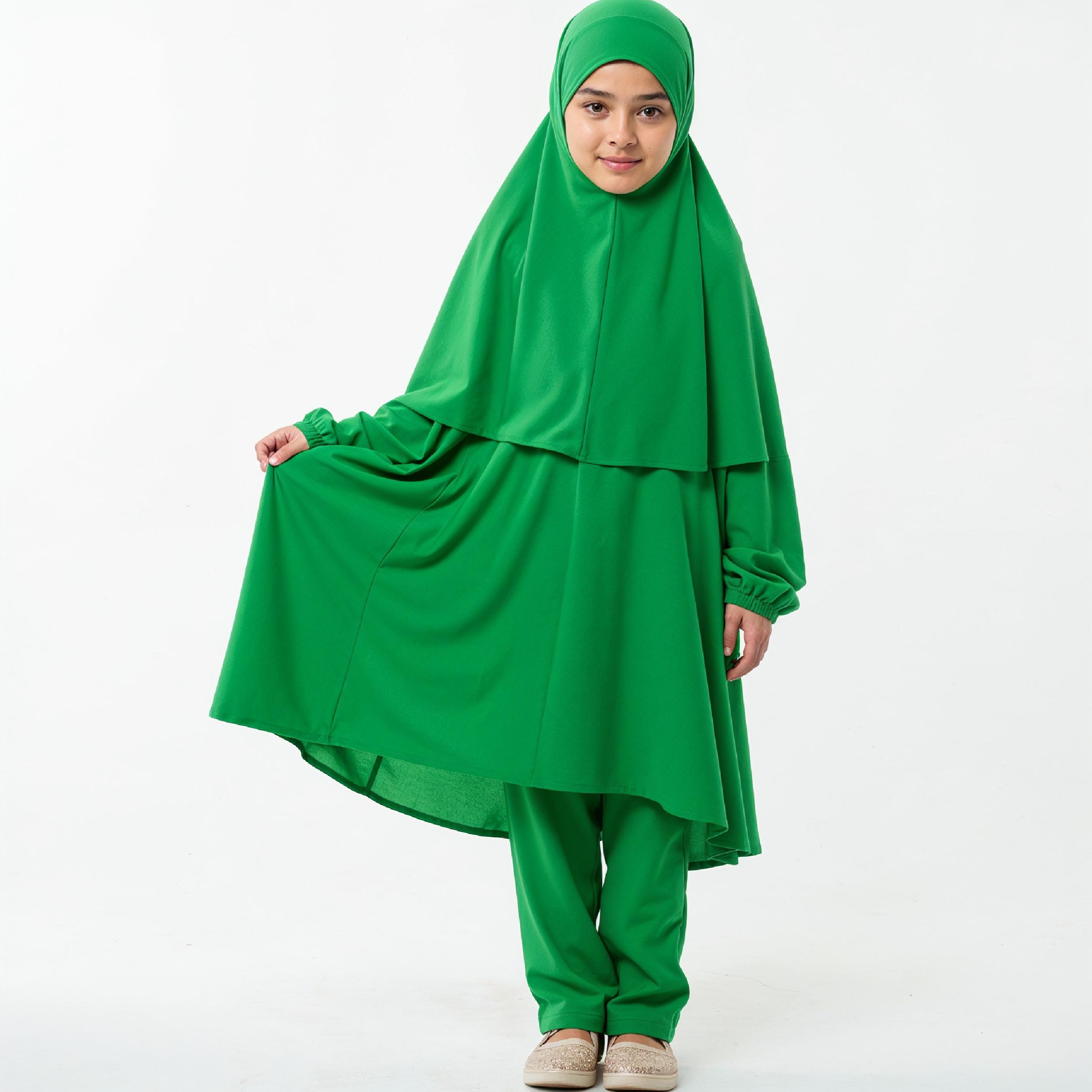 Young Islamic Girl Wearing Green Hijab and Modest Traditional Outfit Studio Portrait