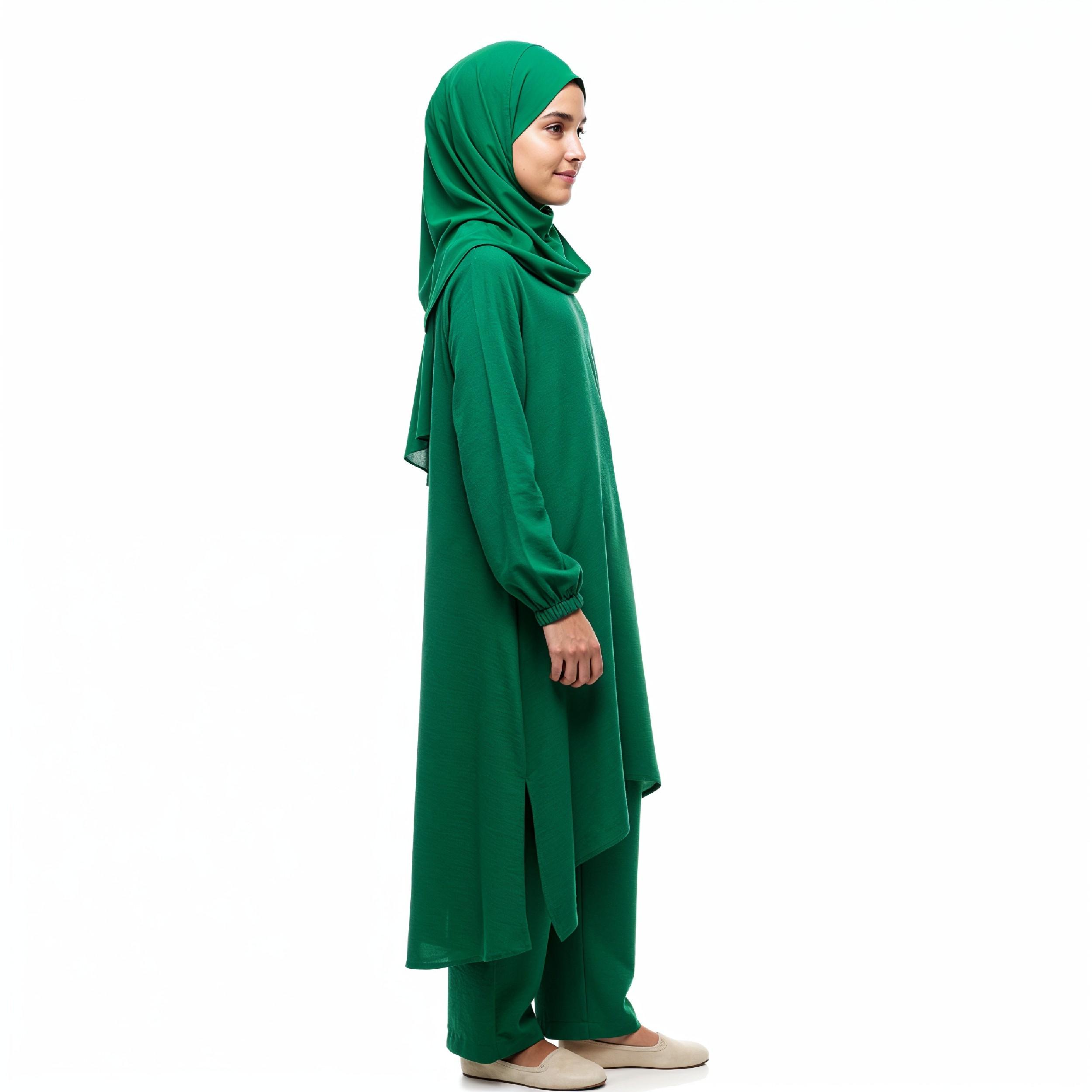 Young Islamic Girl Wearing Green Hijab and Modest Traditional Outfit Studio Portrait