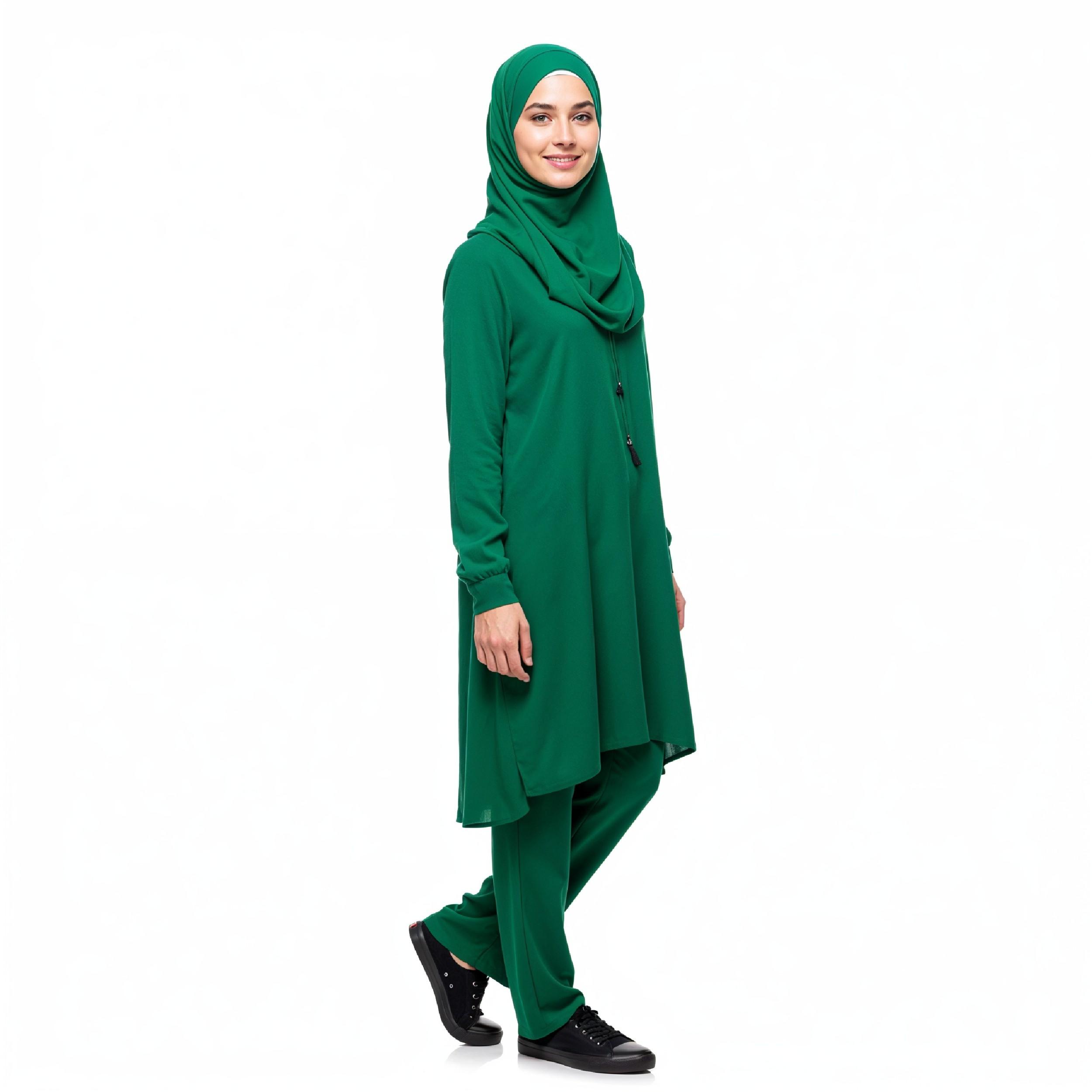 Young Islamic Girl Wearing Green Hijab and Modest Traditional Outfit Studio Portrait