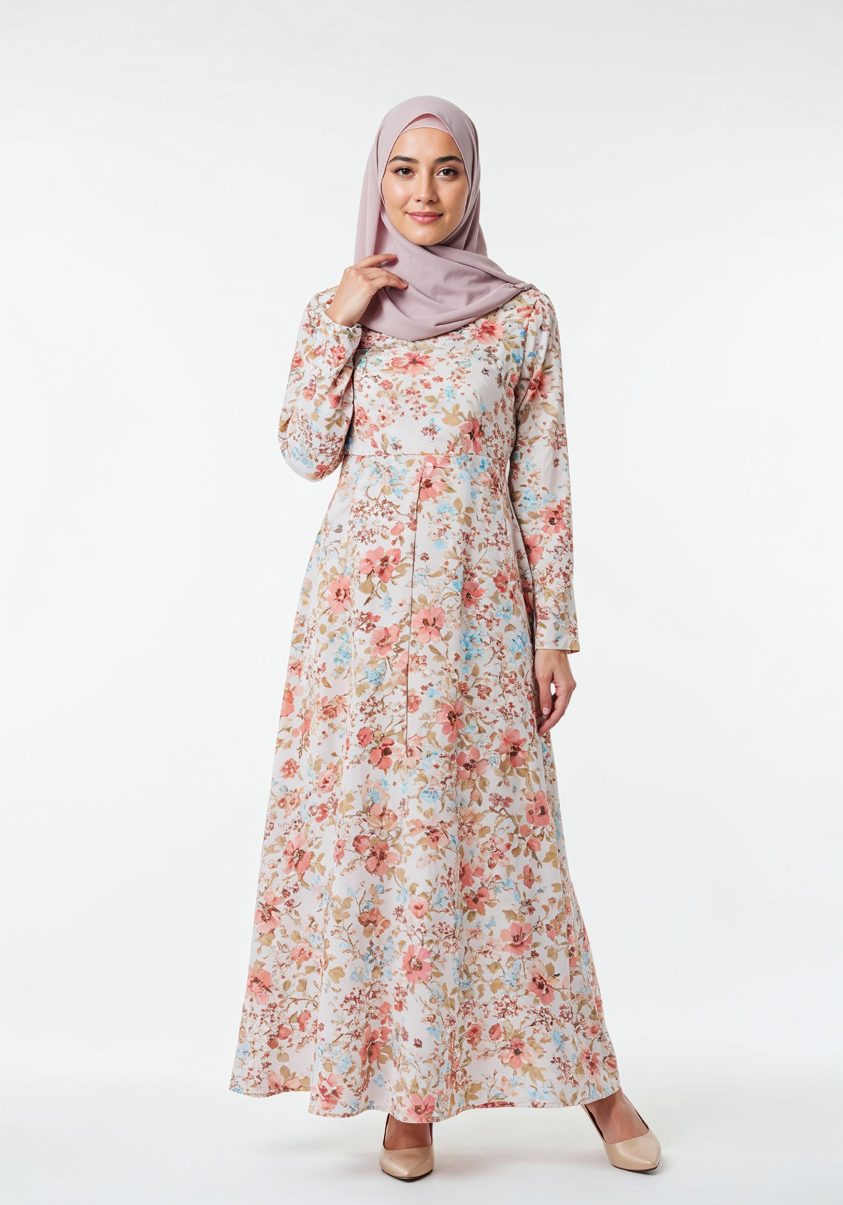 Young Muslim Woman in Floral Dress and Pink Hijab Full Length Modest Fashion Portrait