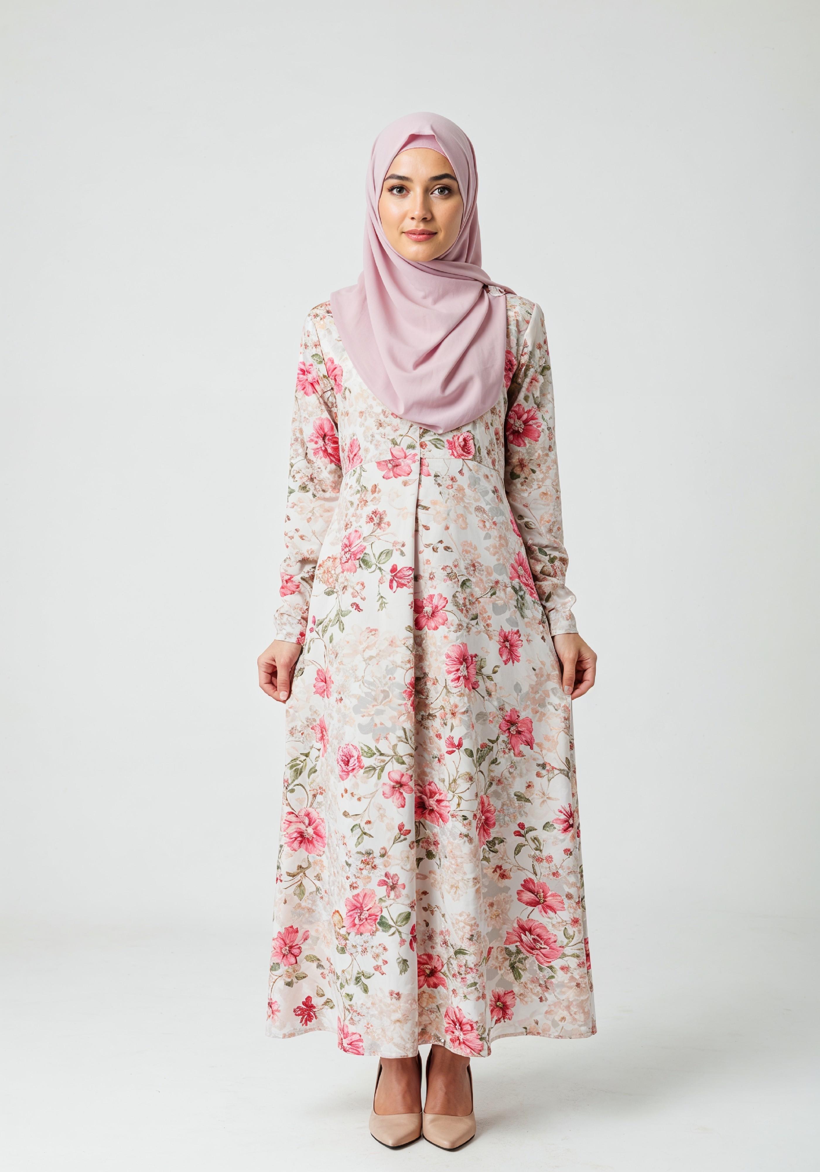 Young Muslim Woman in Floral Dress and Pink Hijab Full Length Modest Fashion Portrait