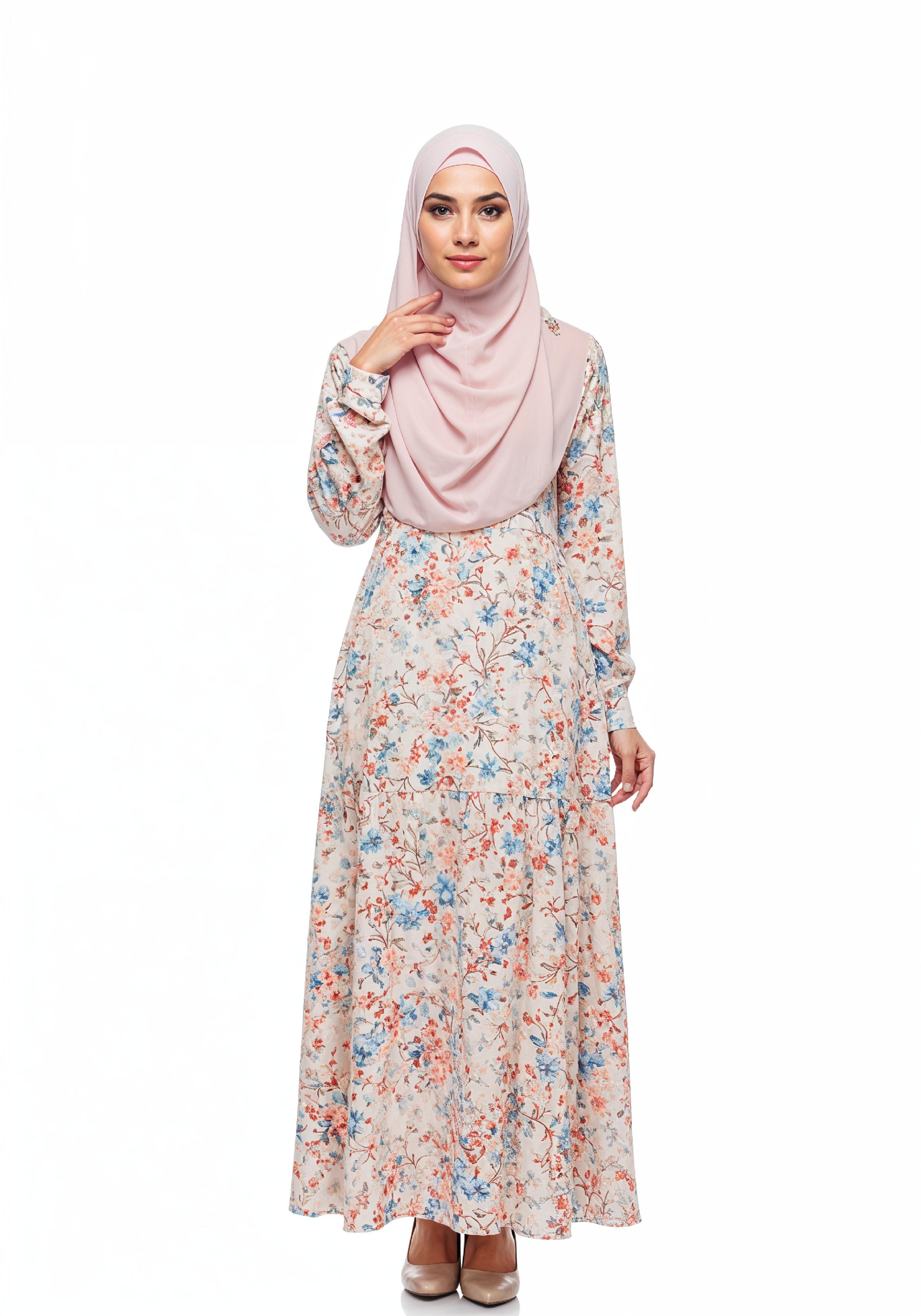 Young Muslim Woman in Floral Dress and Pink Hijab Full Length Modest Fashion Portrait