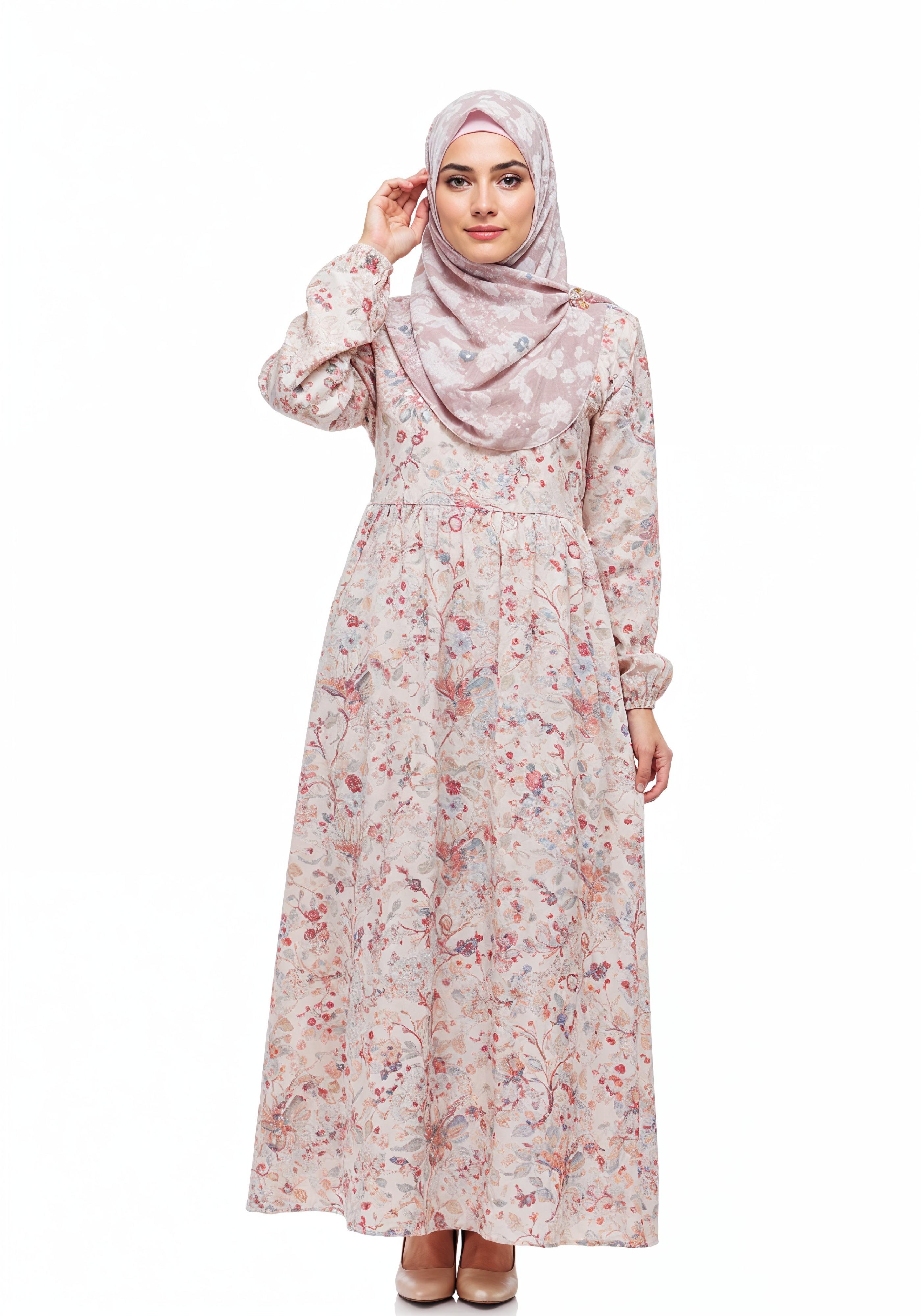 Young Muslim Woman in Floral Dress and Pink Hijab Full Length Modest Fashion Portrait