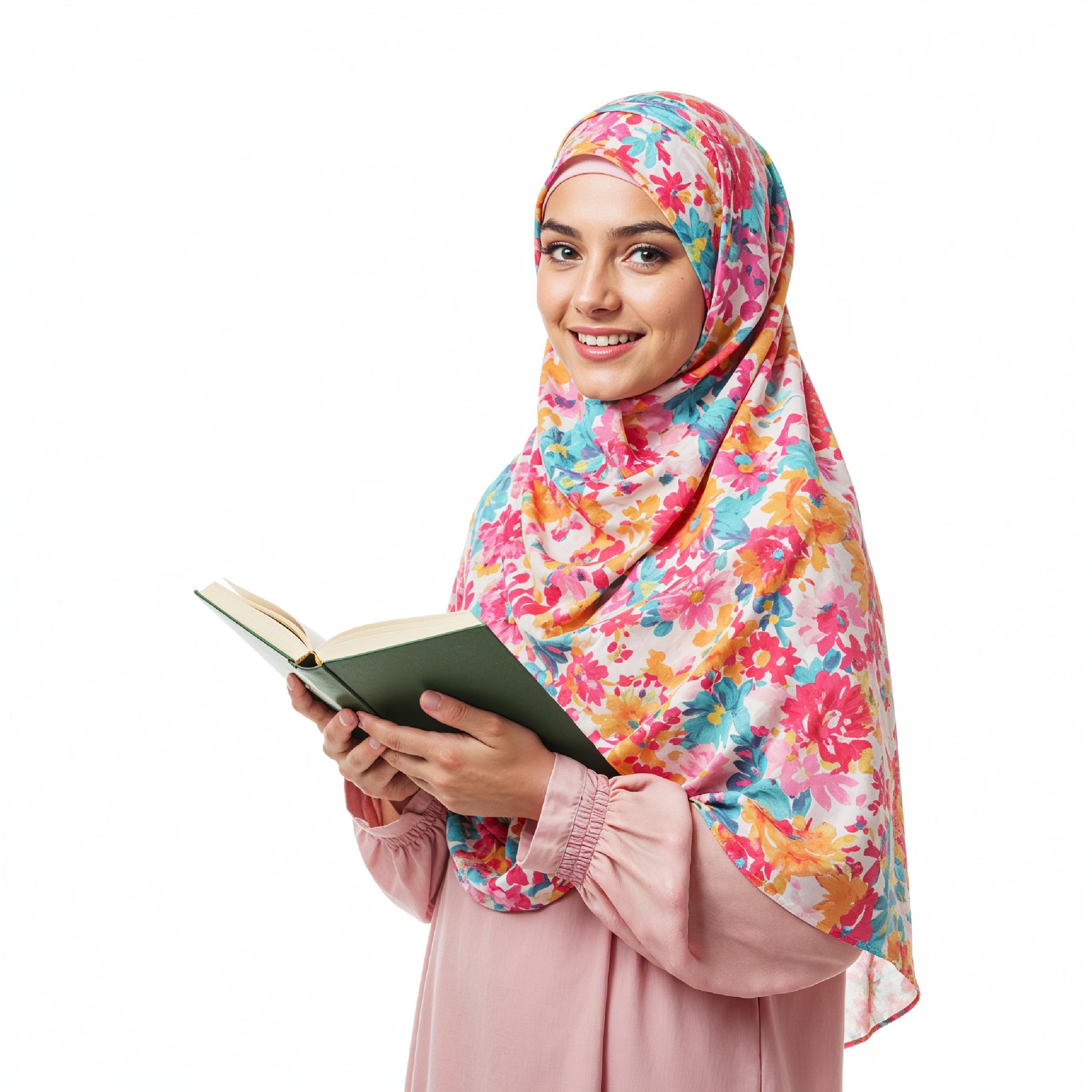 Young Muslim Woman Reading Holy Quran Wearing Colorful Floral Hijab in Studio Portrait