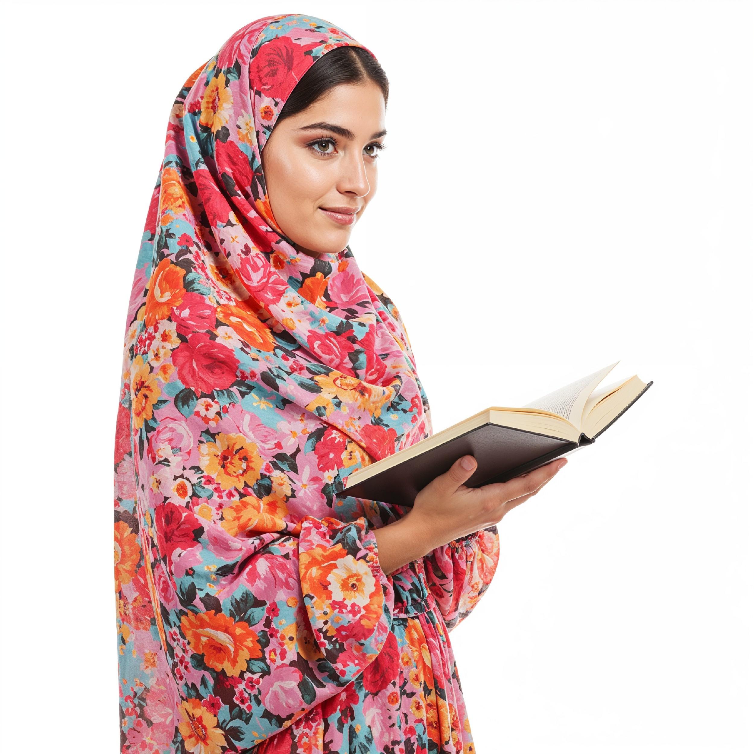 Young Muslim Woman Reading Holy Quran Wearing Colorful Floral Hijab in Studio Portrait