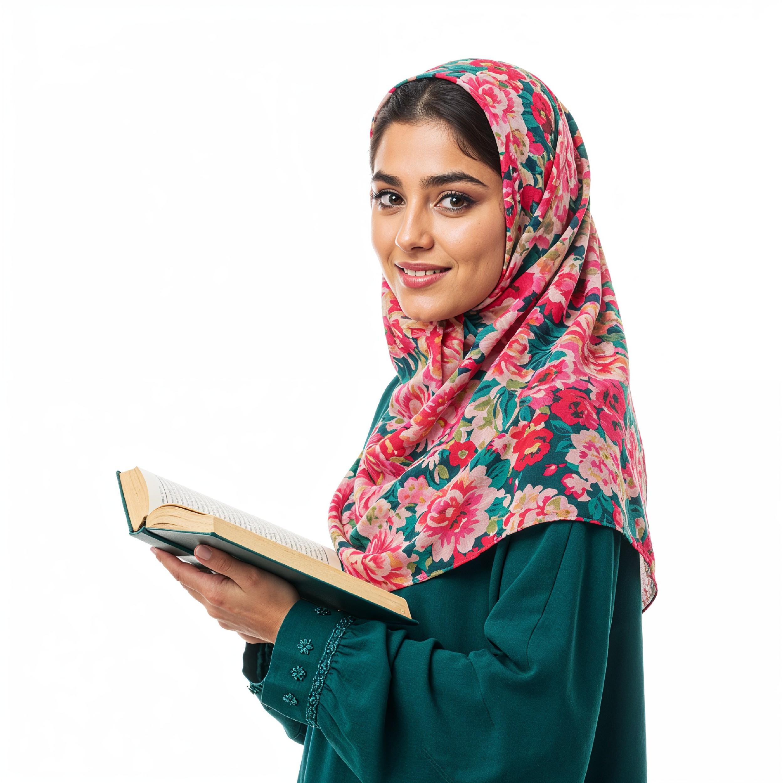 Young Muslim Woman Reading Holy Quran Wearing Colorful Floral Hijab in Studio Portrait